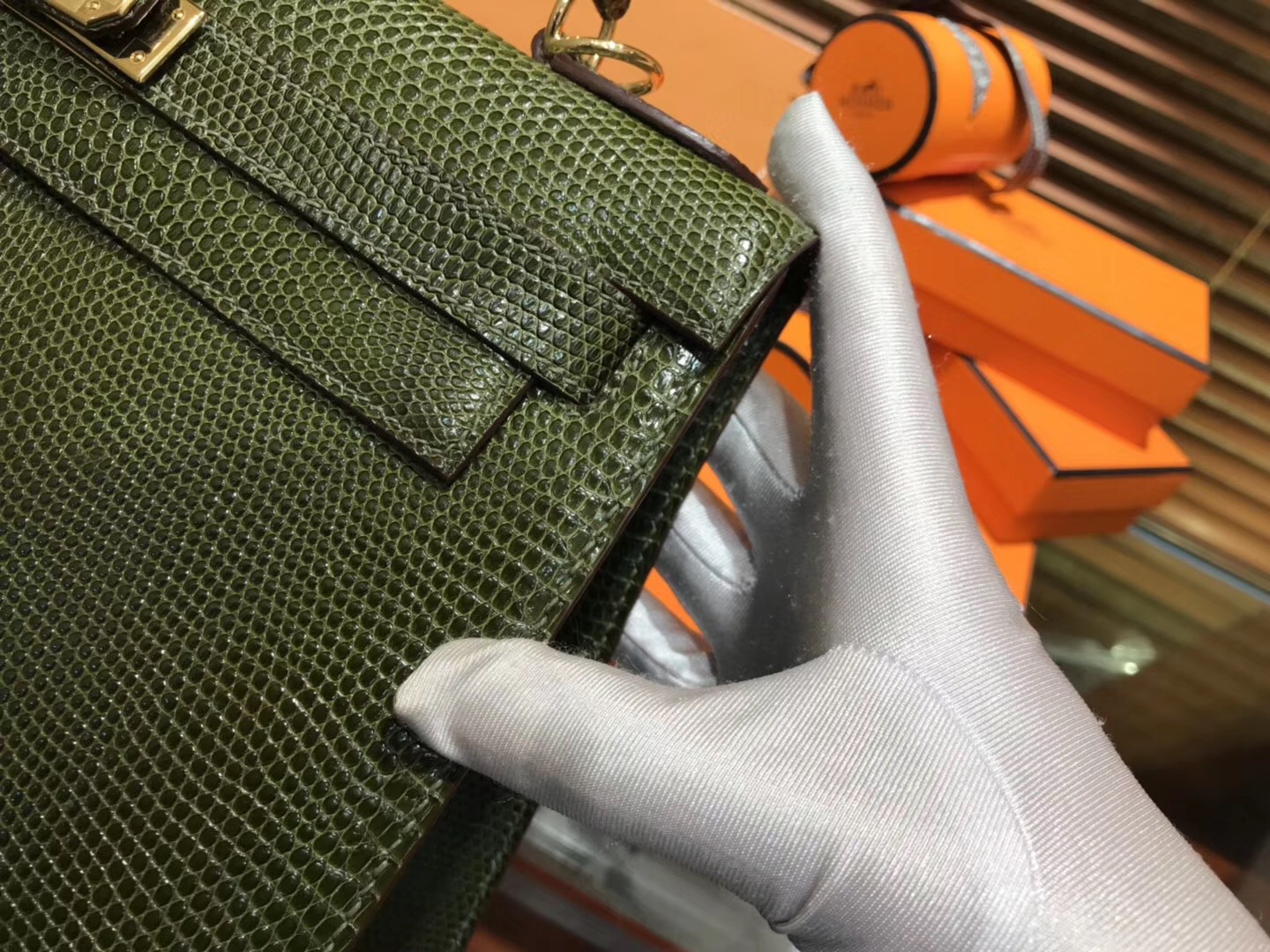 Hermes Kelly 28CM 橄榄绿 蜥蜴皮 全手工缝制 手提包