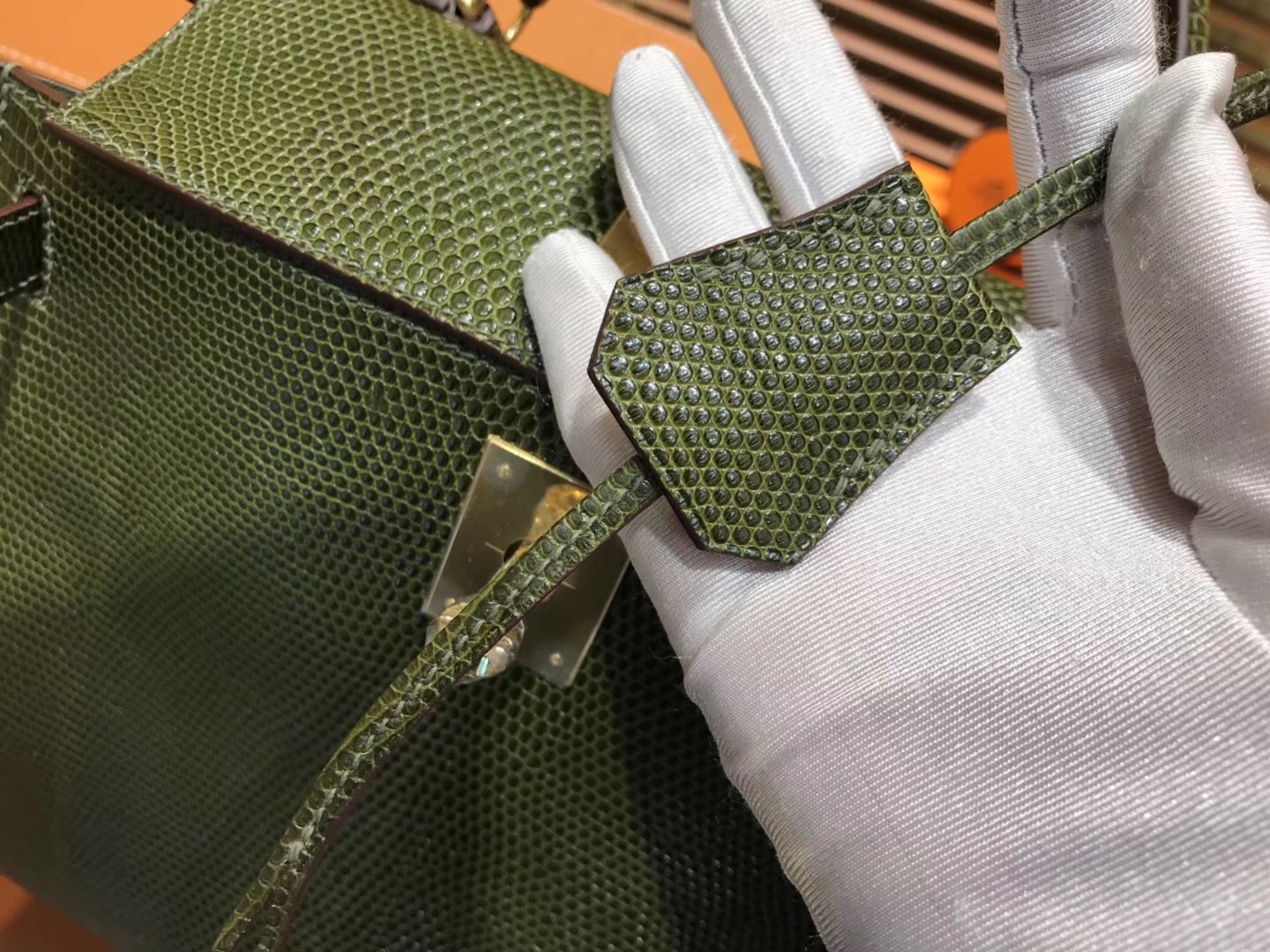 Hermes Kelly 28CM 橄榄绿 蜥蜴皮 全手工缝制 手提包