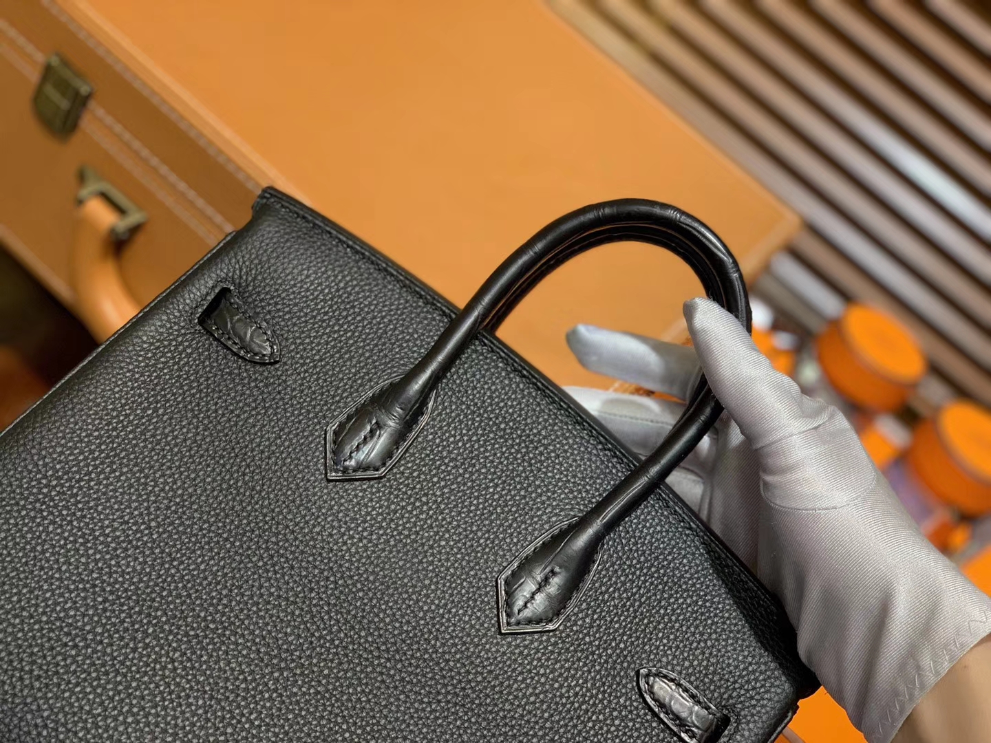 Hermès（爱马仕）Birkin 25cm ( 铂金包) Togo小牛皮 拼鳄鱼皮 经典黑 原版蜜蜡线 全手工缝制
