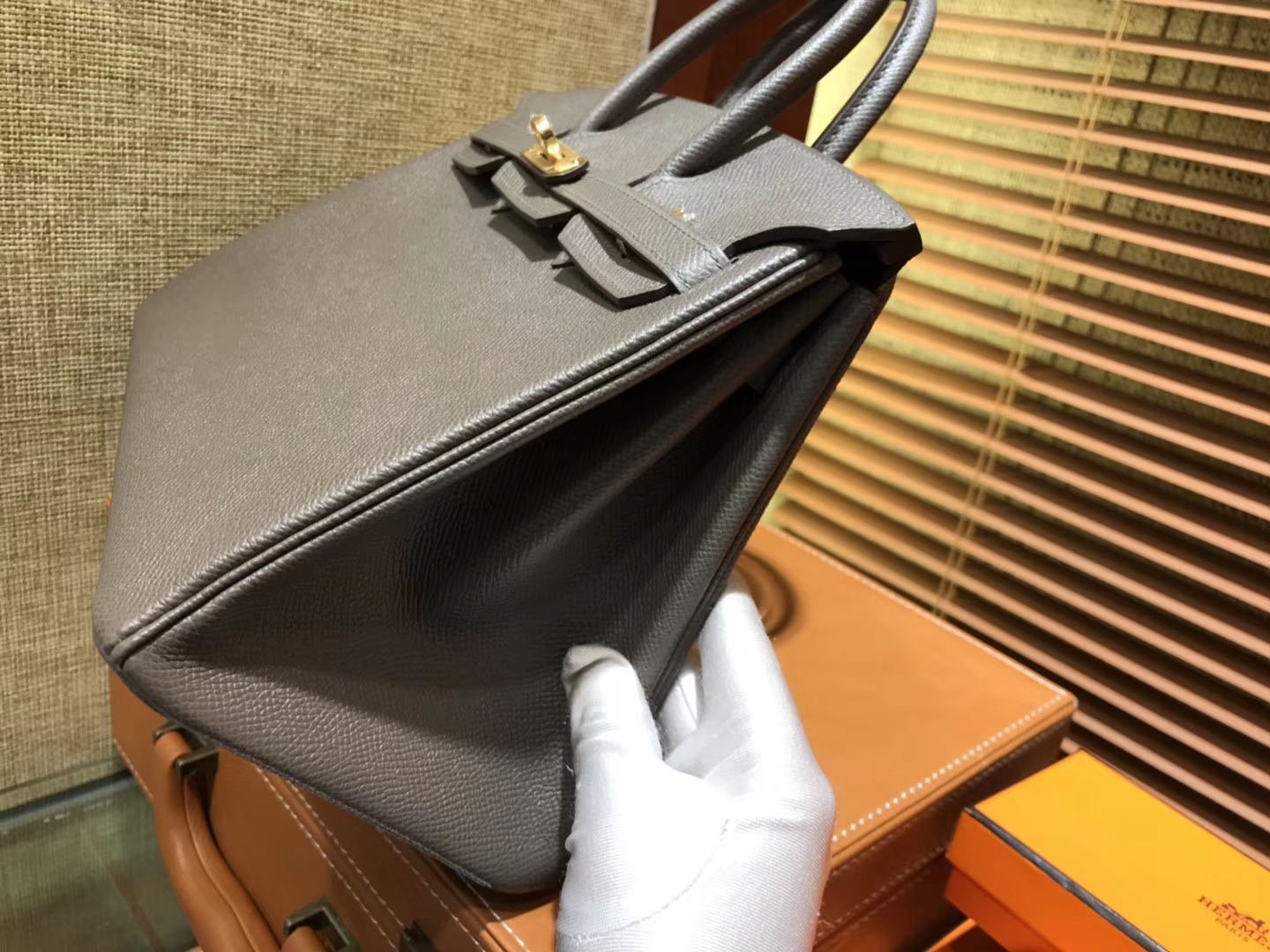 Hermès（爱马仕）Birkin 25cm ( 铂金包) 掌纹牛皮 锡器灰 原版蜜蜡线 全手工缝制
