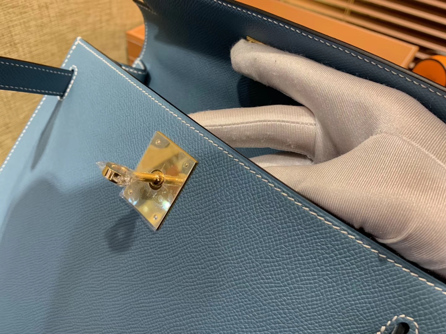 Hermès（爱马仕）Kelly 28(凯莉包) 牛仔蓝 德国进口 掌纹牛皮 原版蜜蜡线 全手工缝制