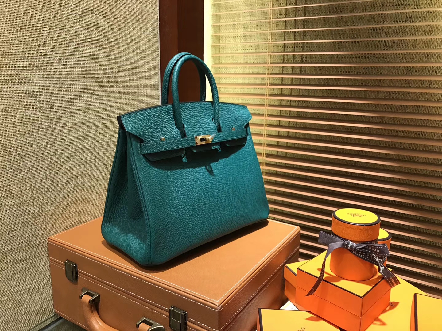 Hermès（爱马仕）Birkin 25cm ( 铂金包) 掌纹牛皮 孔雀绿 原版蜜蜡线 全手工缝制