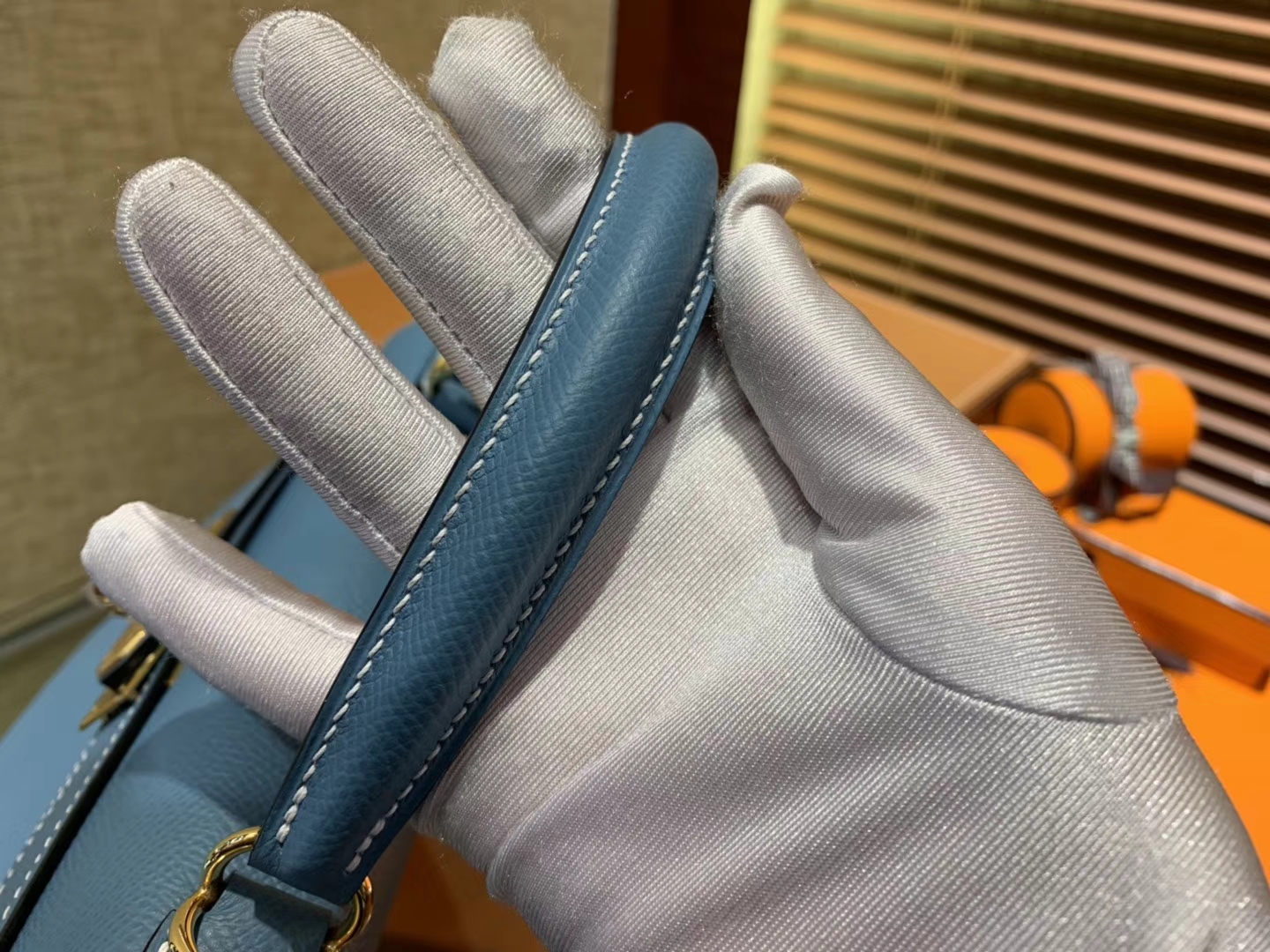 Hermès（爱马仕）Kelly 28(凯莉包) 牛仔蓝 德国进口 掌纹牛皮 原版蜜蜡线 全手工缝制