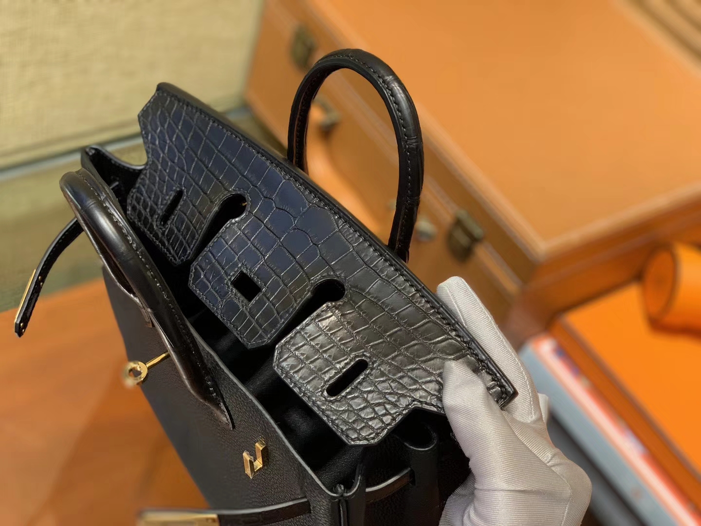 Hermès（爱马仕）Birkin 25cm ( 铂金包) Togo小牛皮 拼鳄鱼皮 经典黑 原版蜜蜡线 全手工缝制