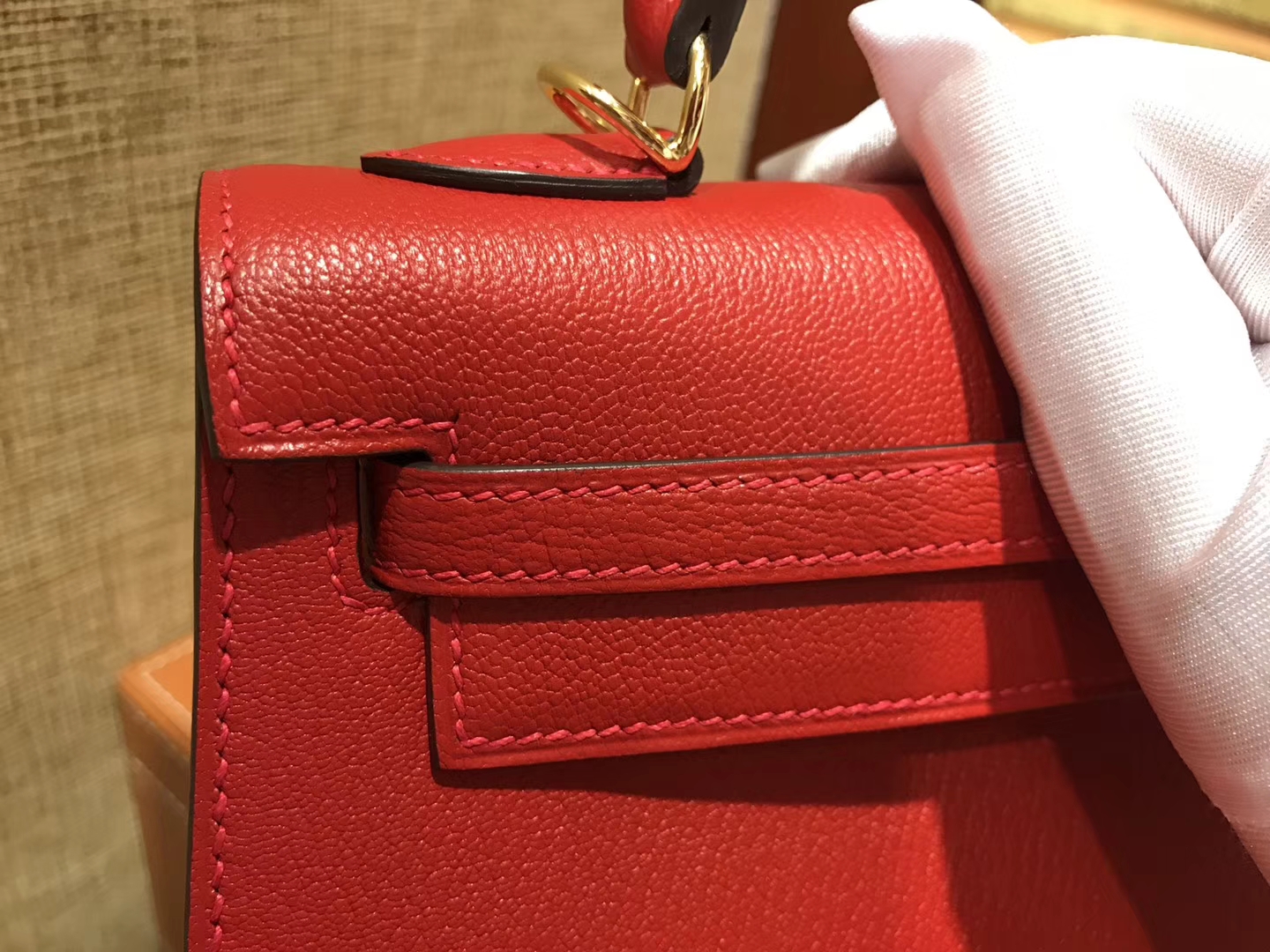 Hermès（爱马仕）Kelly 25(凯莉包) 蕃茄红 德国进口 掌纹牛皮 原版蜜蜡线 全手工缝制