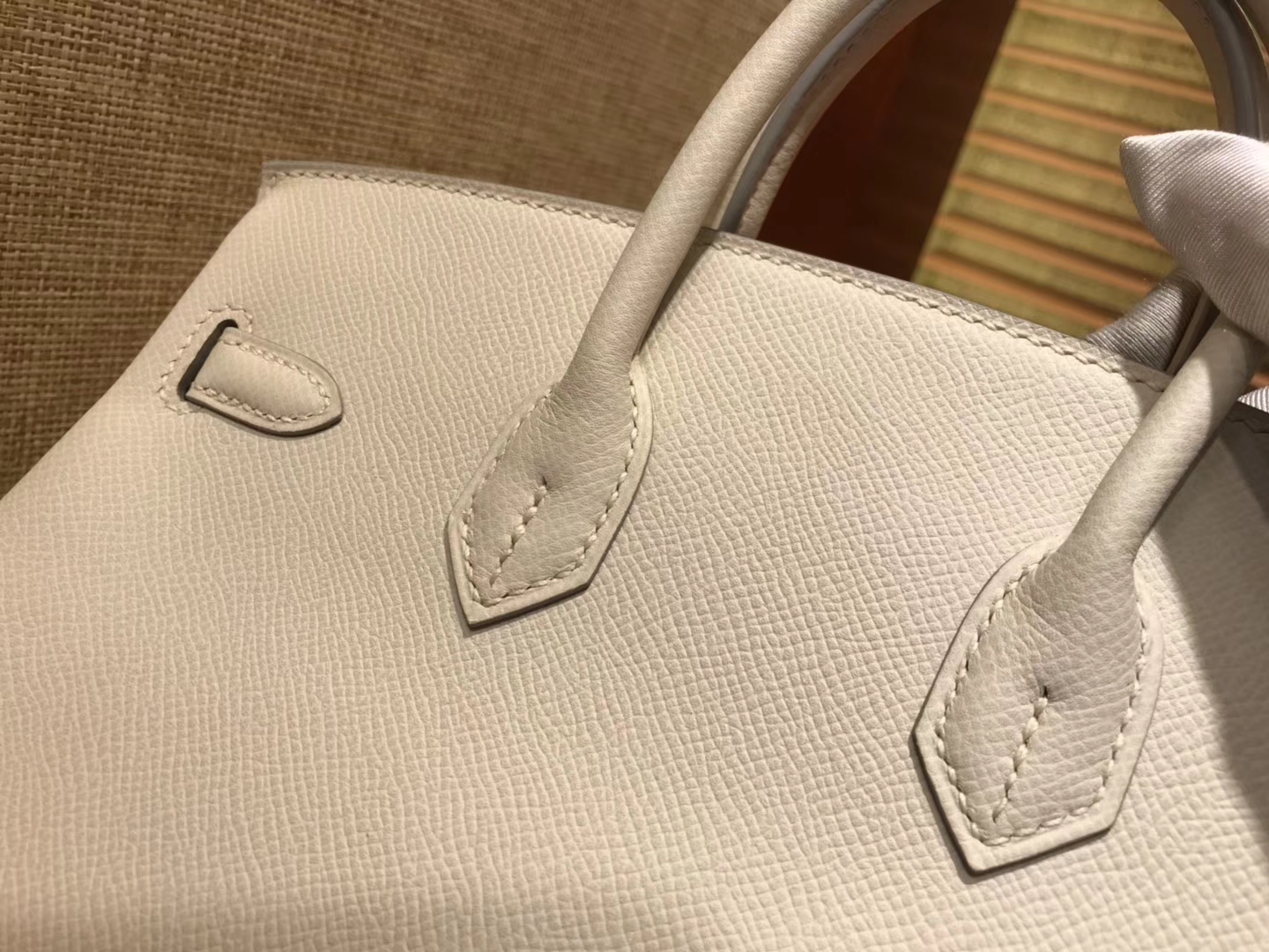 Hermès（爱马仕）Birkin 25cm ( 铂金包) 掌纹牛皮 奶昔白 原版蜜蜡线 全手工缝制