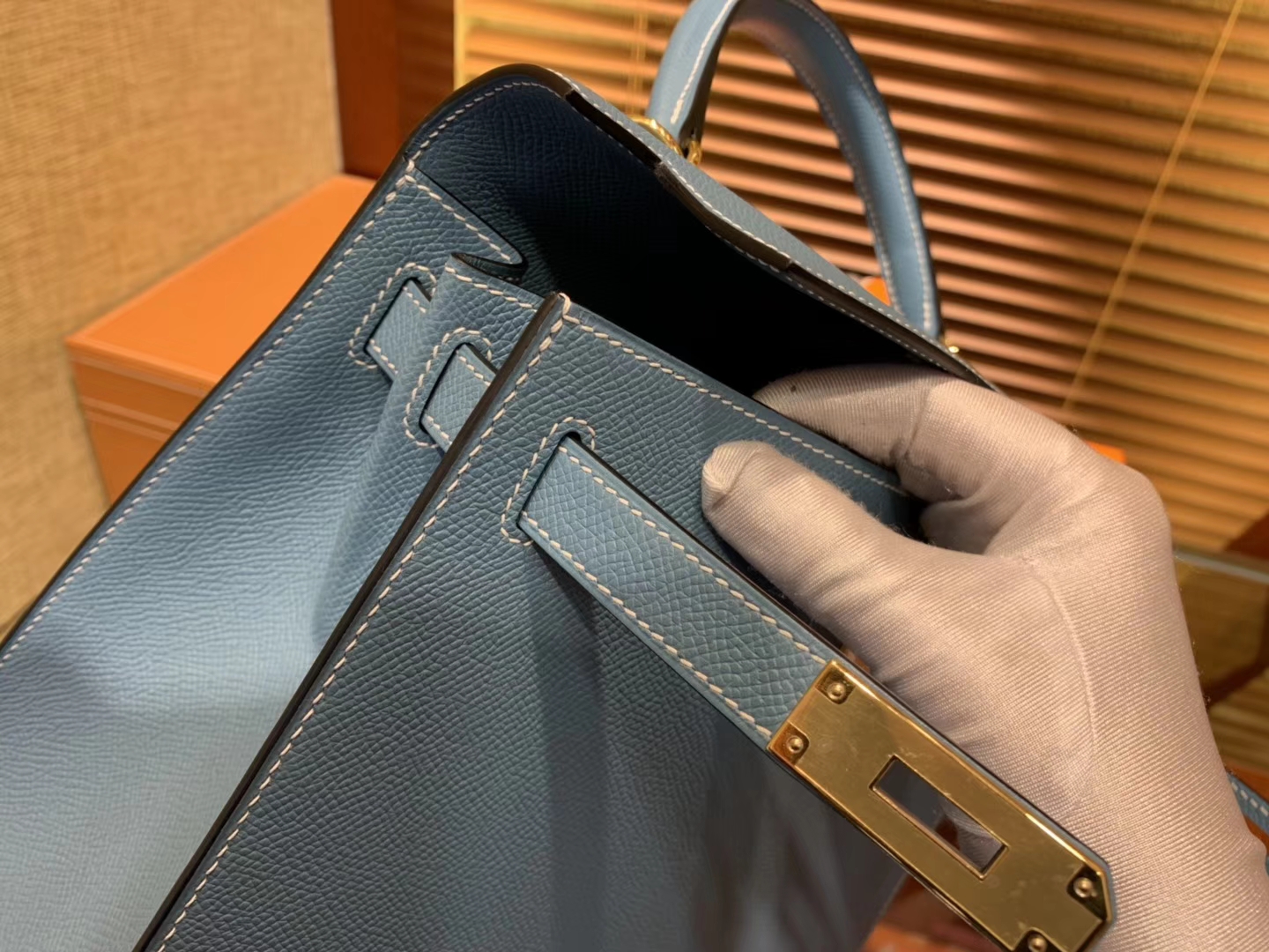 Hermès（爱马仕）Kelly 28(凯莉包) 牛仔蓝 德国进口 掌纹牛皮 原版蜜蜡线 全手工缝制