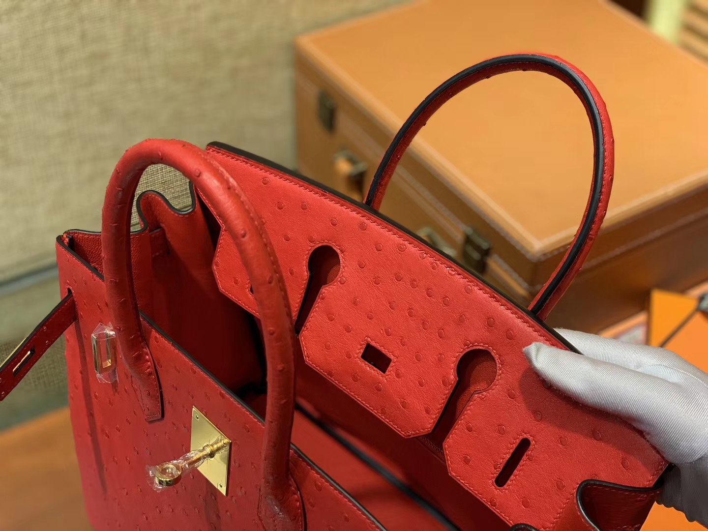 Hermès（爱马仕）Birkin铂金包 大红色 南非进口鸵鸟皮 KK级别 匠心打造 30cm