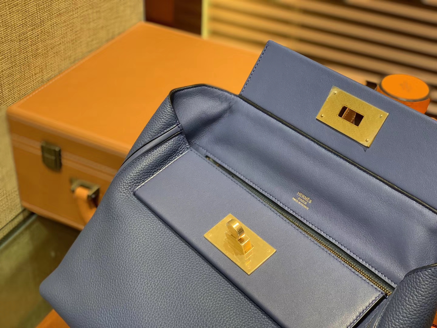 Hermès（爱马仕）Kelly-2424 蓝色 原厂御用顶级小牛皮拼Swift皮 togo 金扣 29cm