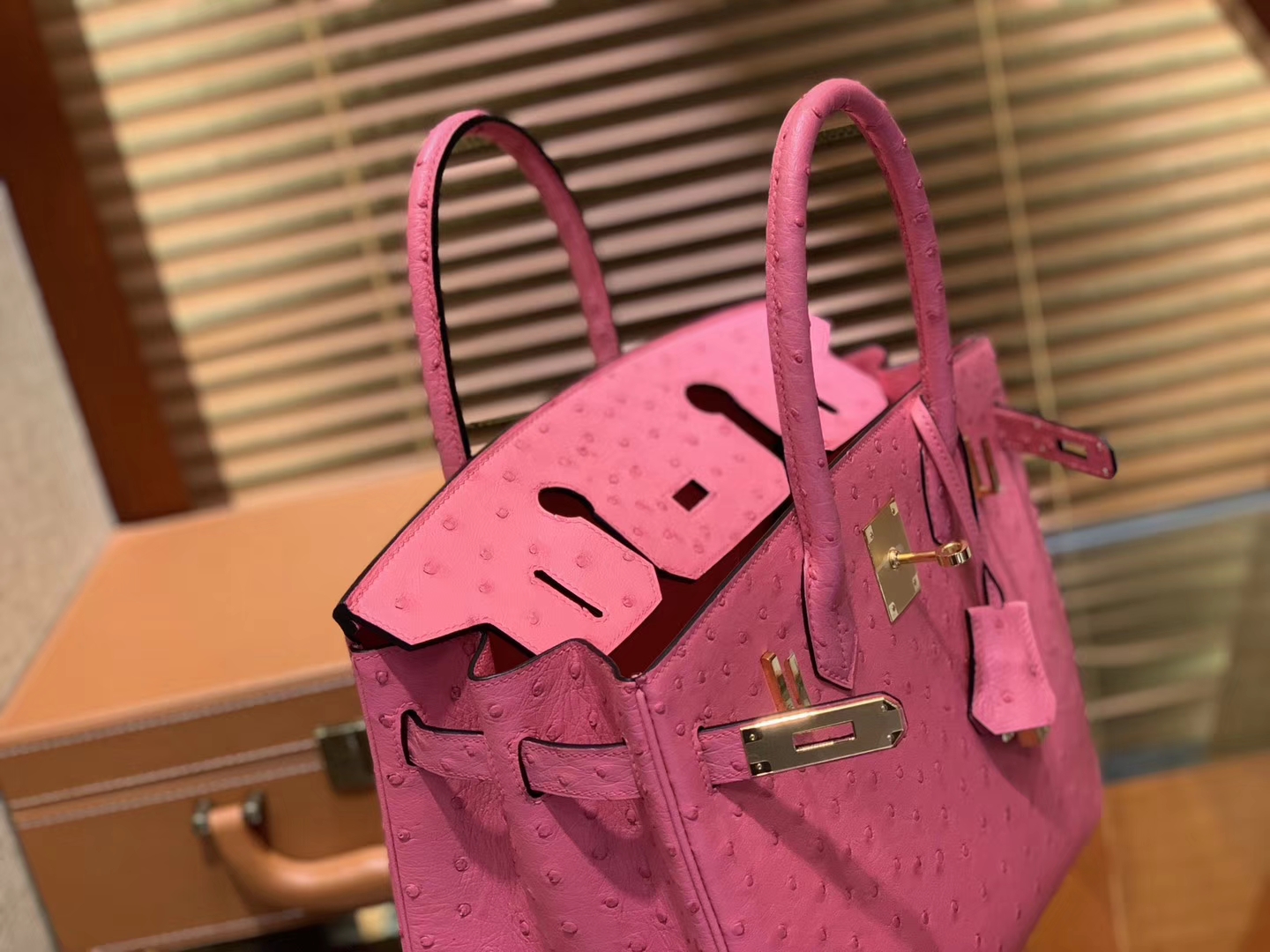 Hermès（爱马仕）Birkin 30cm 新唇膏粉 南非进口鸵鸟皮 顶级手缝工艺 金扣