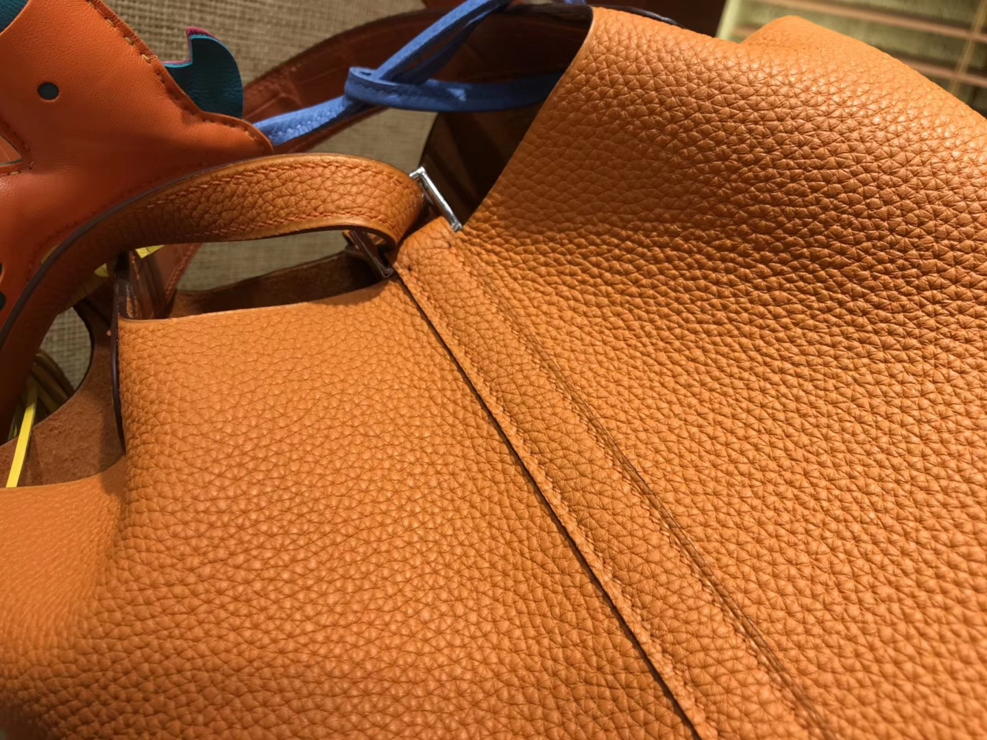 Hermès（爱马仕）Piction菜篮包 橙色 Togo牛皮 拼鳄鱼 进口原料 全手工缝制 银扣 18cm