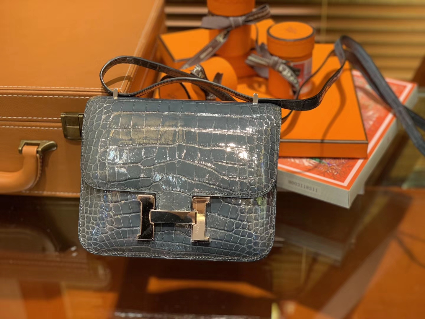 Hermès（爱马仕）Constance空姐包 牛仔蓝 一级 尼罗 鳄鱼皮 臻品级别 金扣 18cm