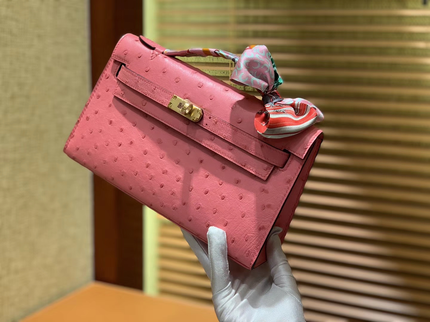 Hermès（爱马仕）MiniKelly 迷你凯莉 粉色 进口鸵鸟皮 顶级手缝工艺 金扣 22cm