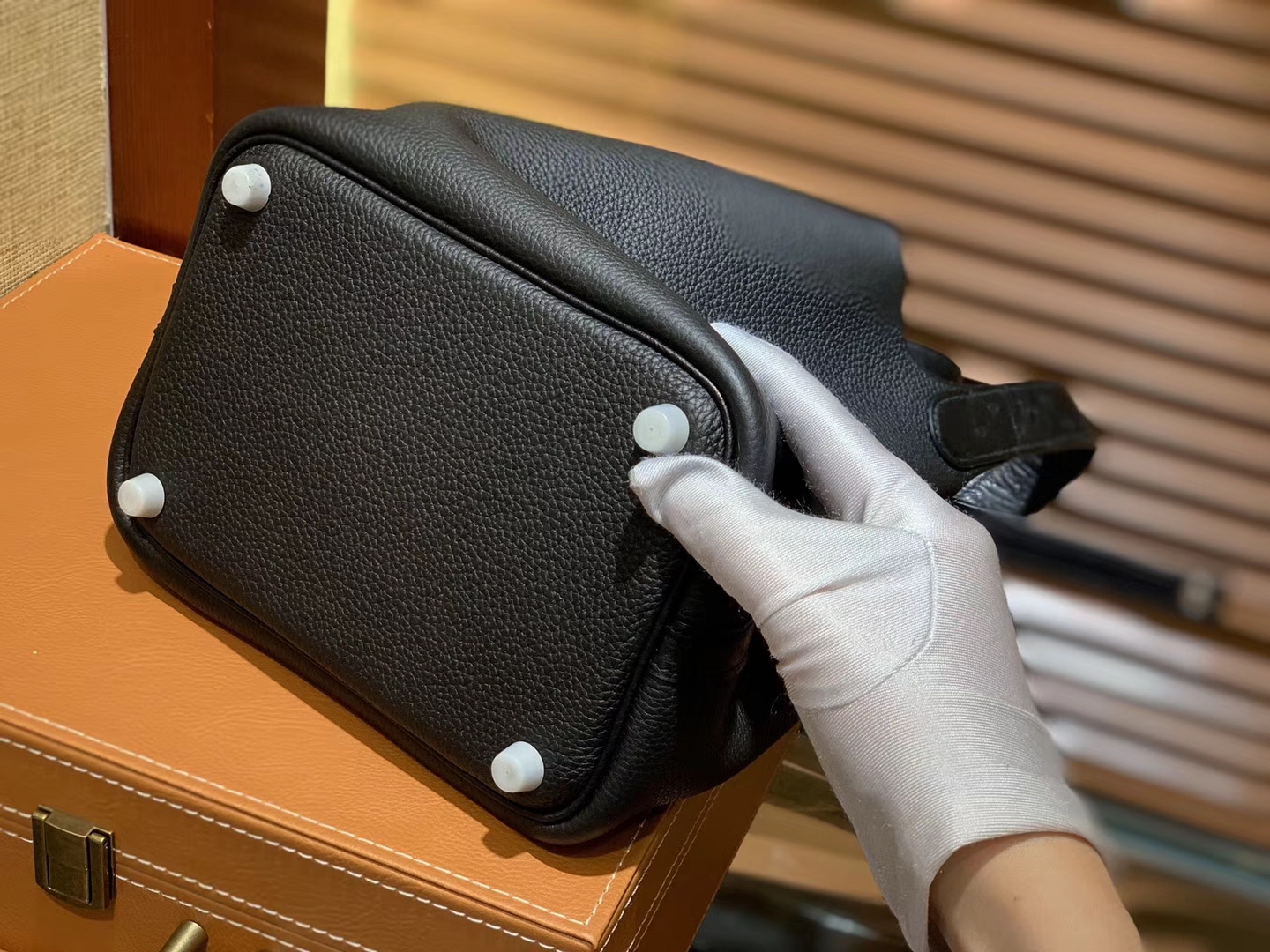 Hermès（爱马仕）Piction菜篮包 经典黑 鸵鸟皮拼小牛皮 顶级手工缝制 银扣 18cm