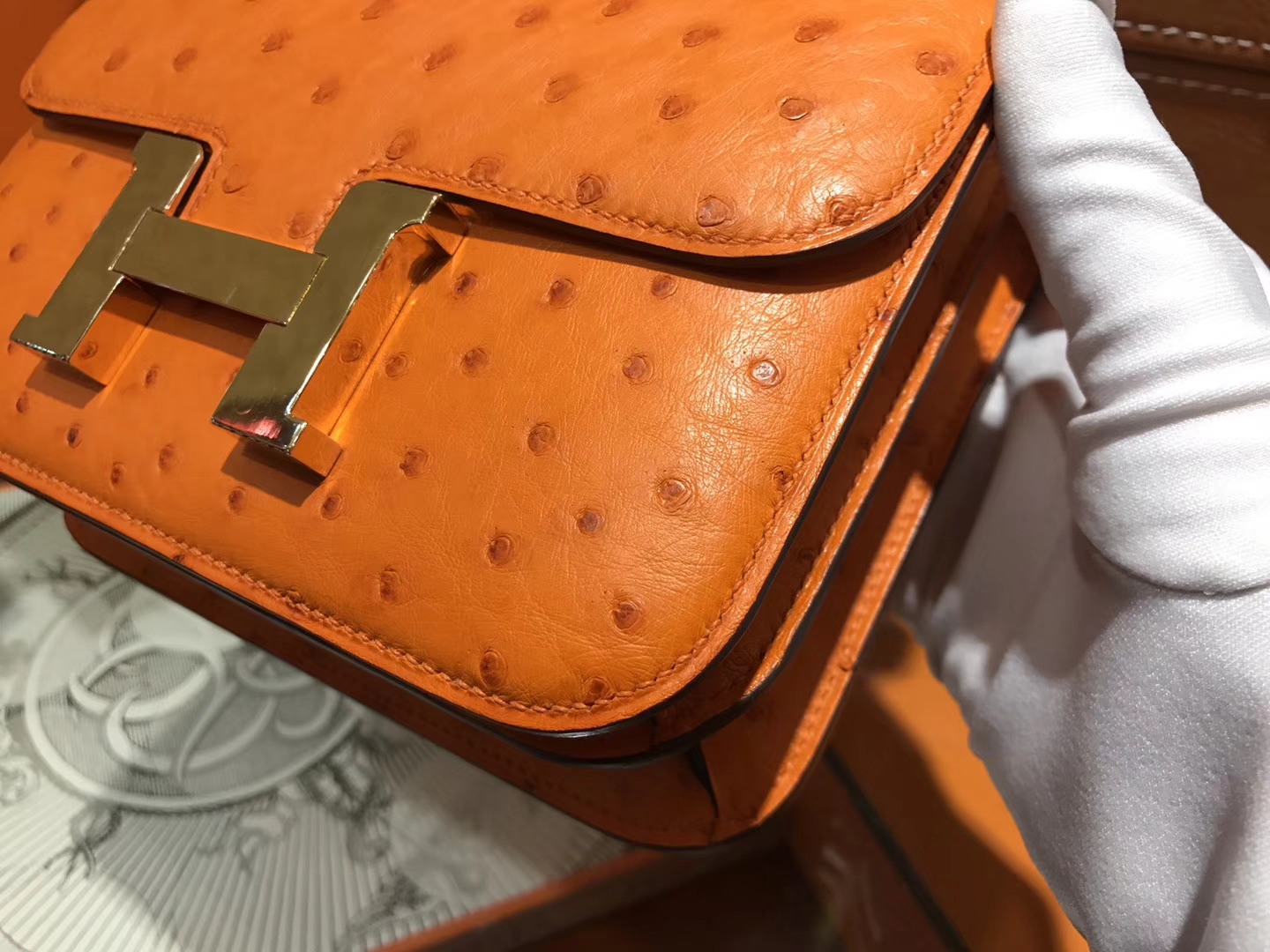 Hermès（爱马仕）Constance 18cm 经典橙 南非进口鸵鸟 KK级别 顶级全手工 金扣