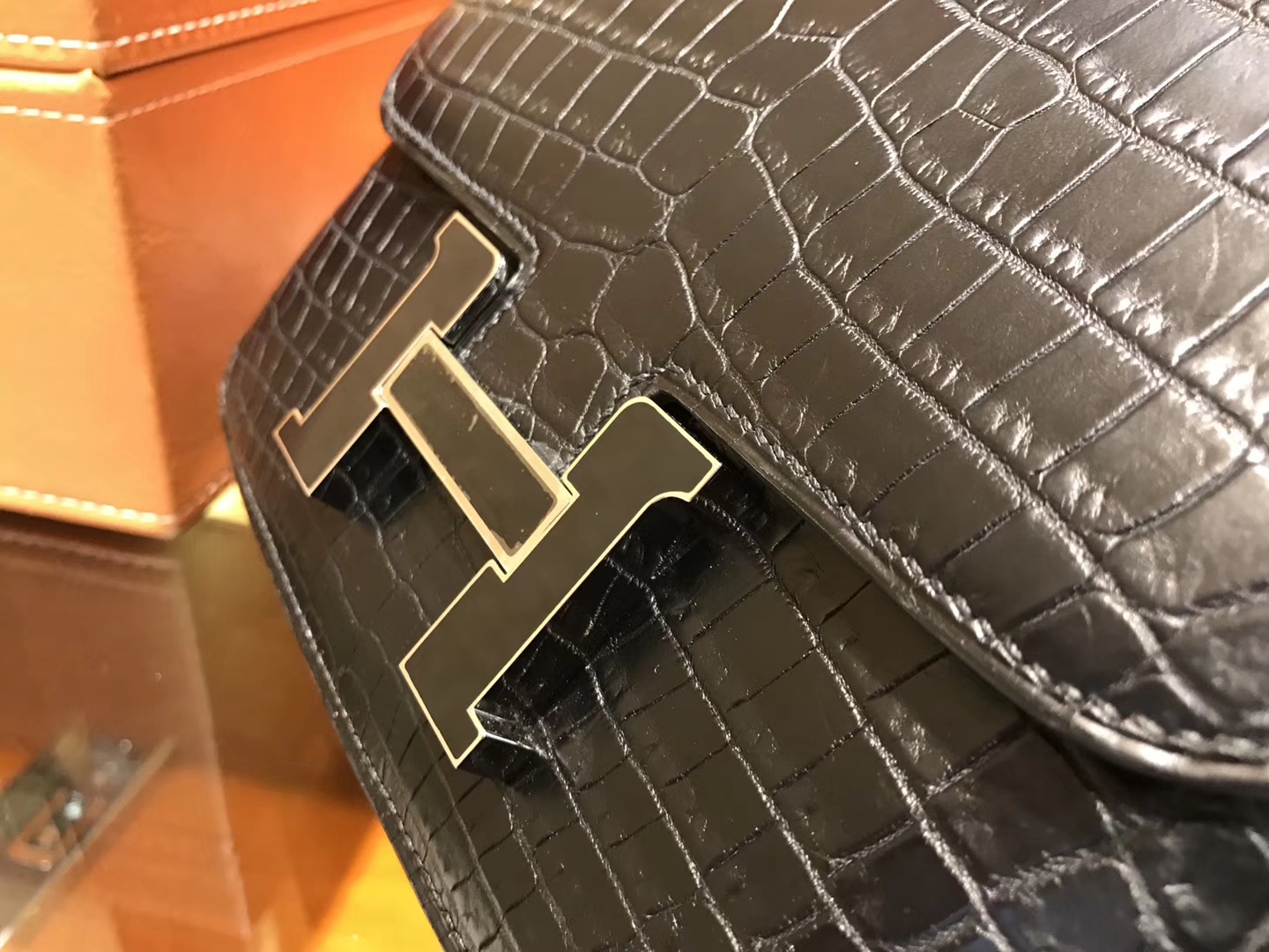 Hermès（爱马仕）Constance空姐包 黑珐琅扣 一级尼罗雾面 鳄鱼皮 顶级手工 18cm