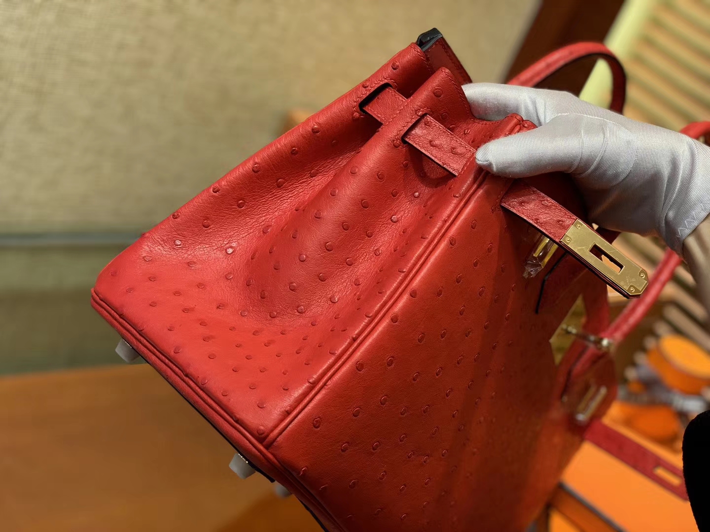 Hermès（爱马仕）Birkin铂金包 大红色 南非进口鸵鸟皮 KK级别 匠心打造 30cm