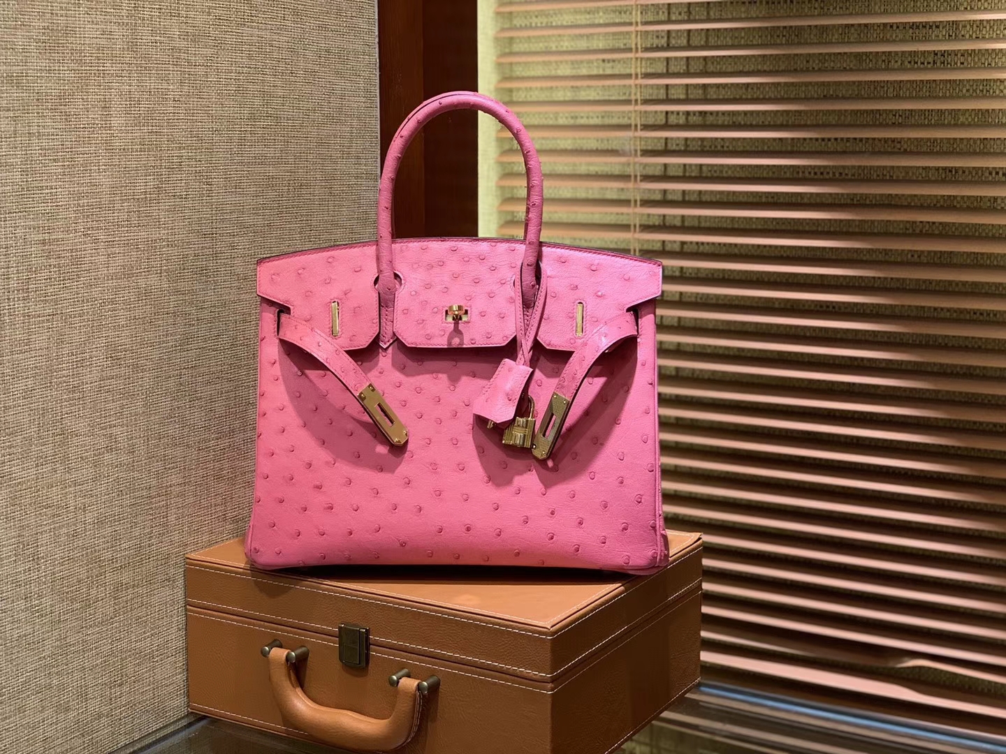Hermès（爱马仕）Birkin 30cm 新唇膏粉 南非进口鸵鸟皮 顶级手缝工艺 金扣