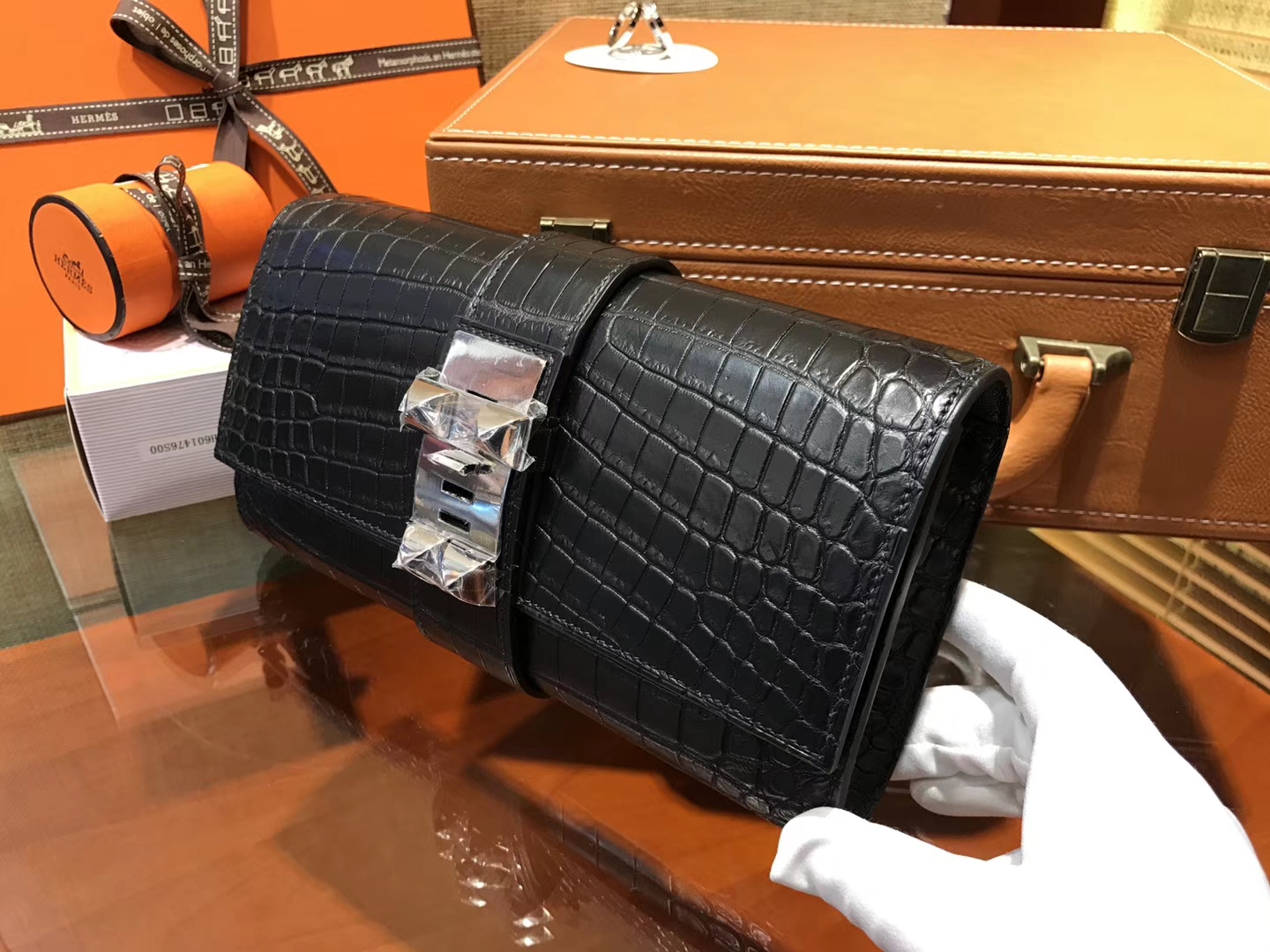 Hermès（爱马仕）CDC手包 经典黑 鳄鱼皮 银扣 23cm