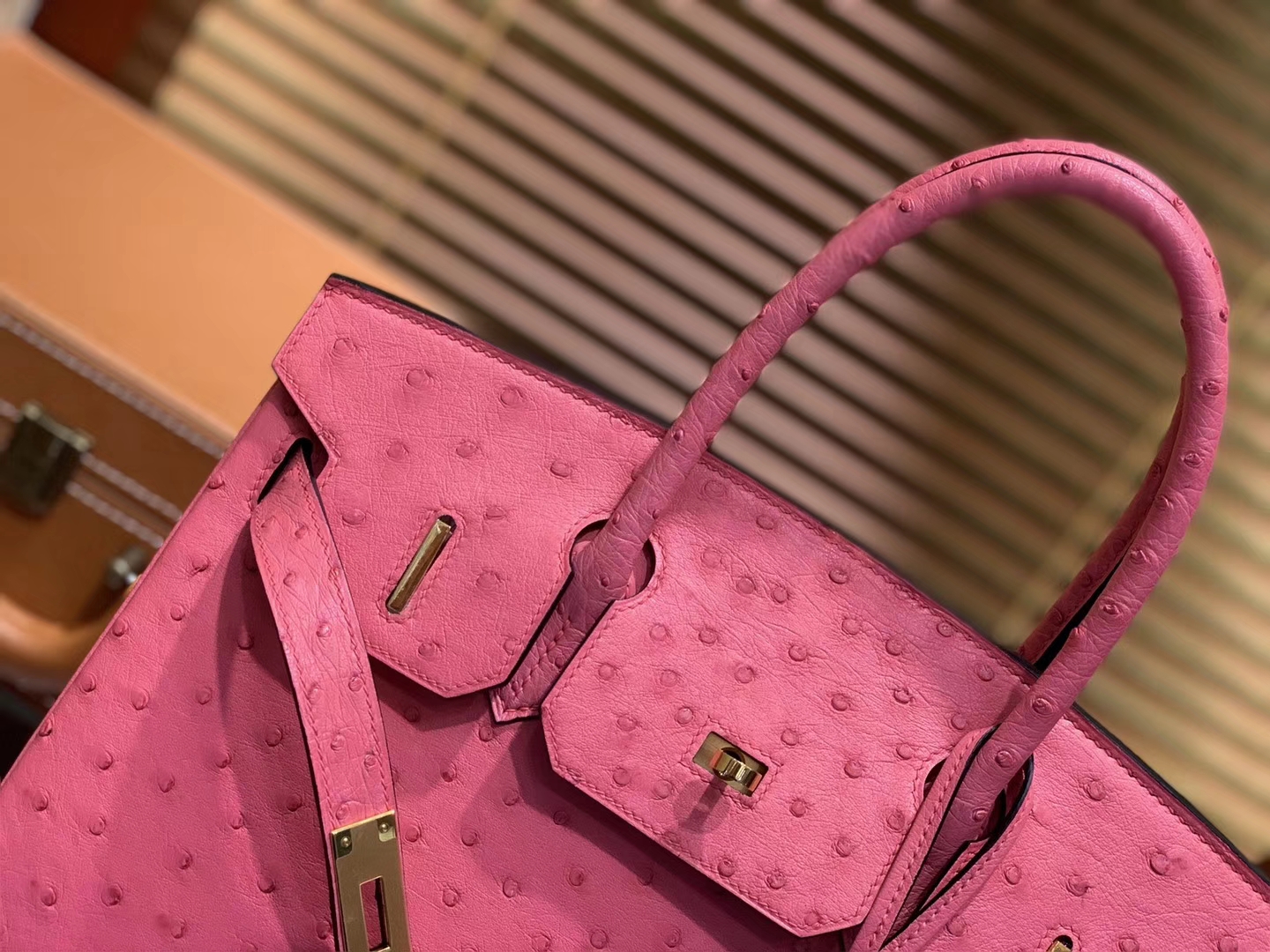 Hermès（爱马仕）Birkin 30cm 新唇膏粉 南非进口鸵鸟皮 顶级手缝工艺 金扣