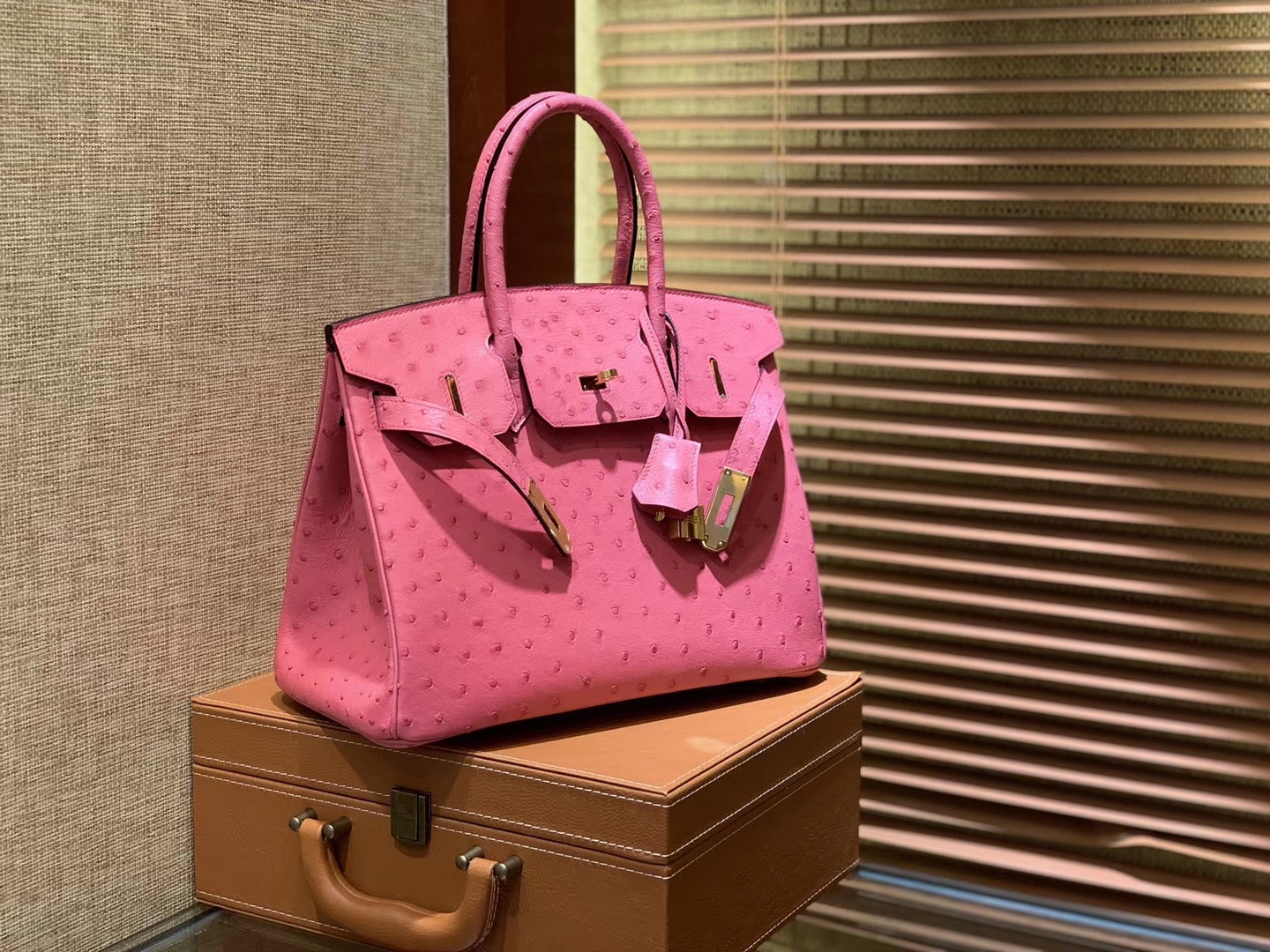 Hermès（爱马仕）Birkin 30cm 新唇膏粉 南非进口鸵鸟皮 顶级手缝工艺 金扣