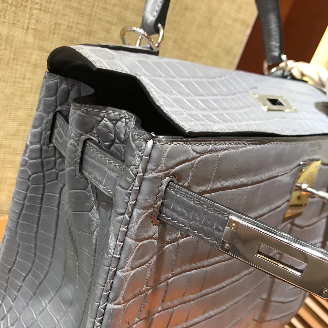 Hermès（爱马仕）Kelly 凯莉包 巴黎灰 尼罗雾面 一级鳄鱼皮 顶级全手工缝制 银扣 28cm