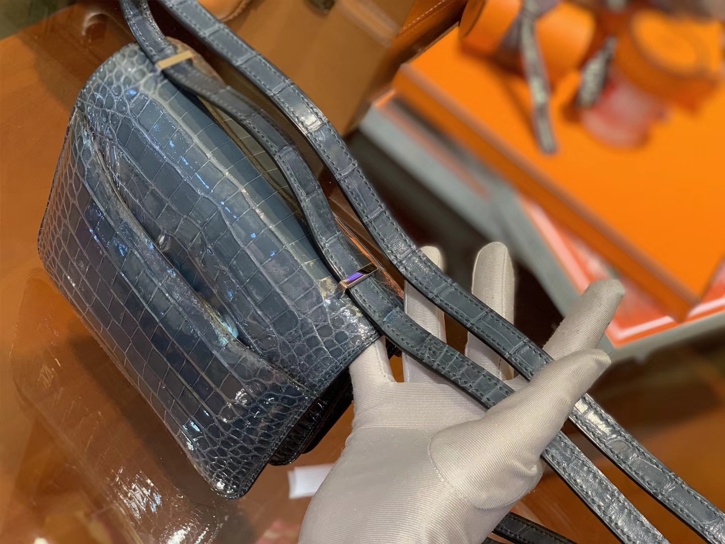 Hermès（爱马仕）Constance空姐包 牛仔蓝 一级 尼罗 鳄鱼皮 臻品级别 金扣 18cm