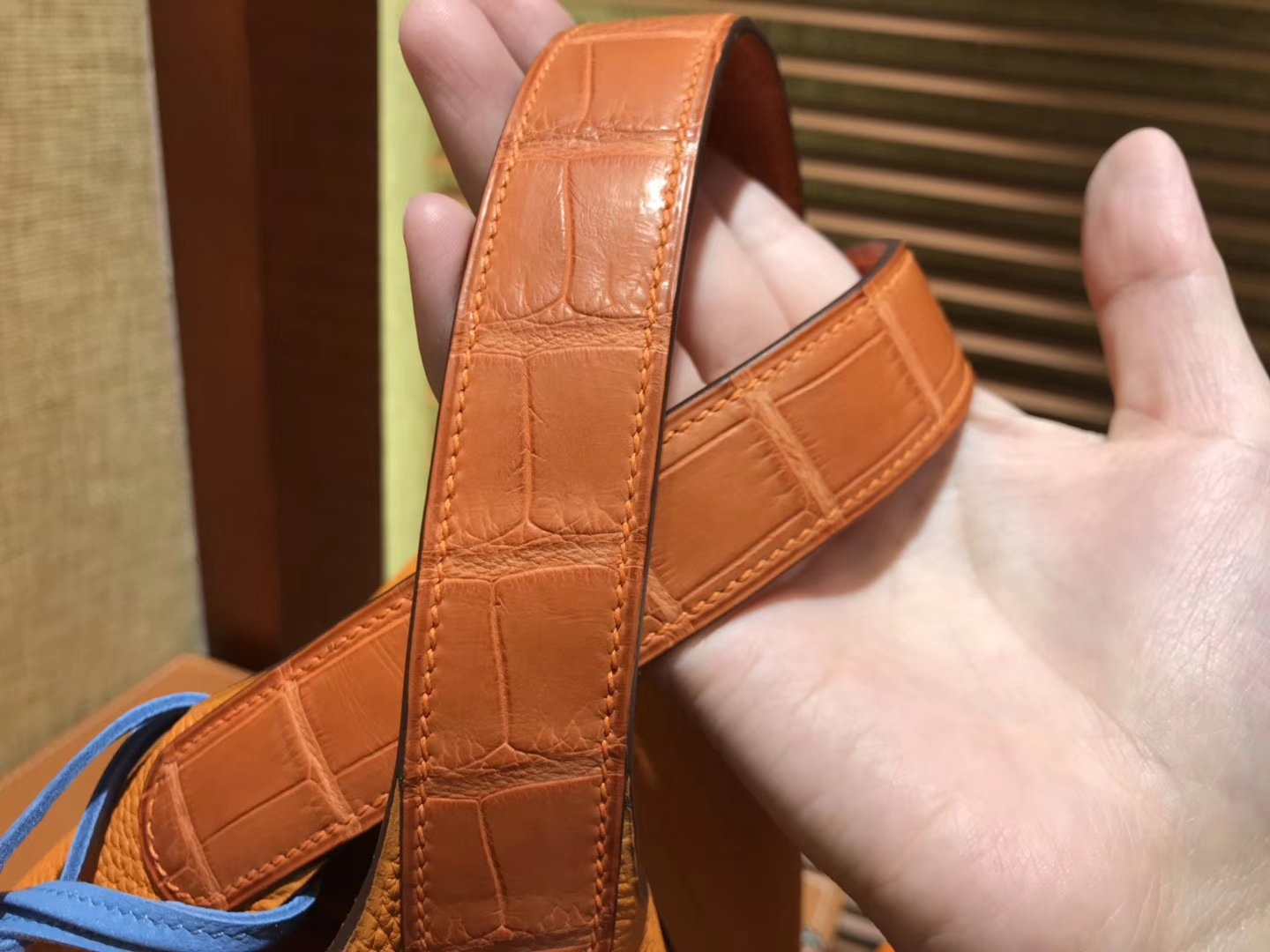 Hermès（爱马仕）Piction菜篮包 橙色 Togo牛皮 拼鳄鱼 进口原料 全手工缝制 银扣 18cm