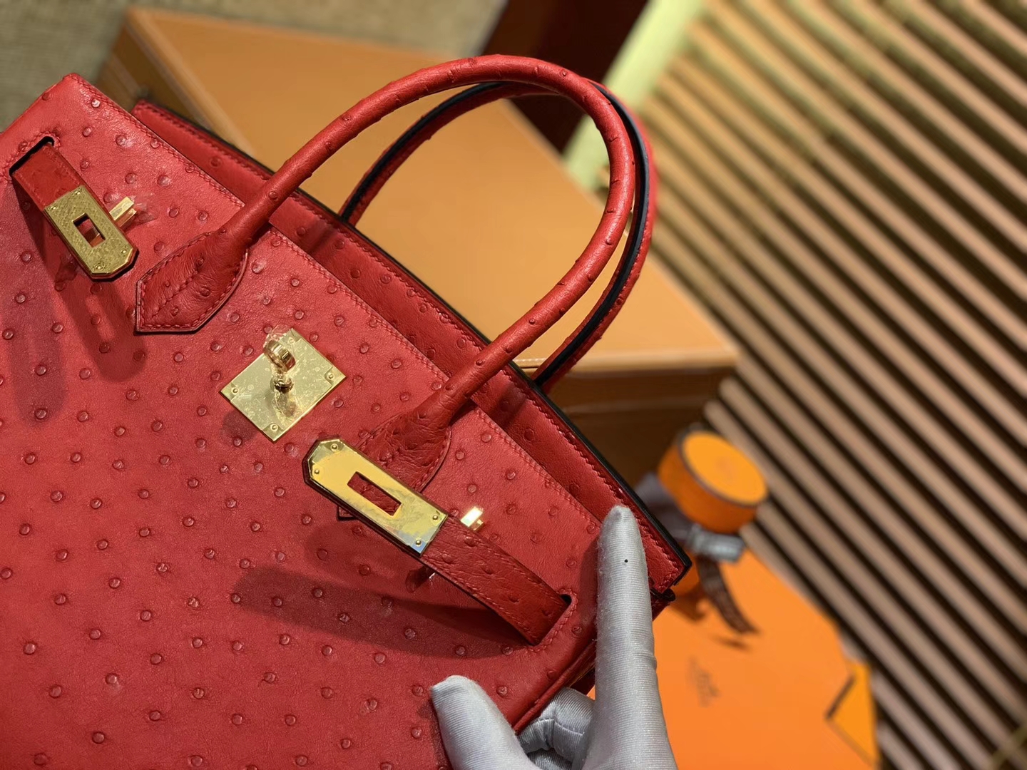 Hermès（爱马仕）Birkin铂金包 大红色 南非进口鸵鸟皮 KK级别 匠心打造 30cm