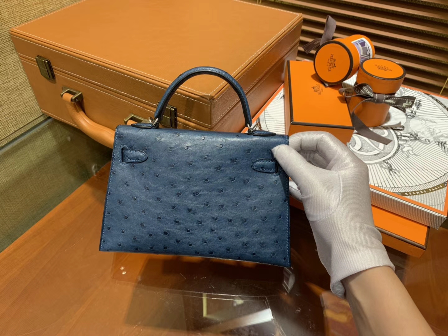 Hermès（爱马仕）迷你2代 mini Kelly 藏青色 南非KK鸵鸟 全手工缝制 19cm