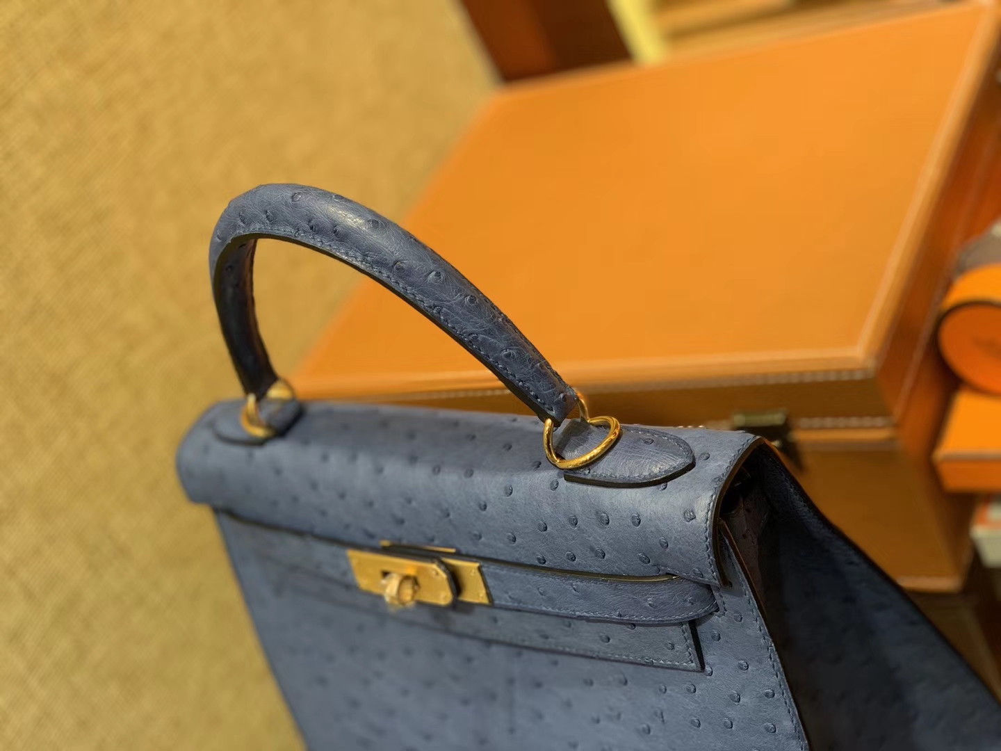 Hermès（爱马仕）Kelly凯莉包 玛瑙蓝 南非进口KK级鸵鸟 顶级手缝版本 24K金扣 28cm