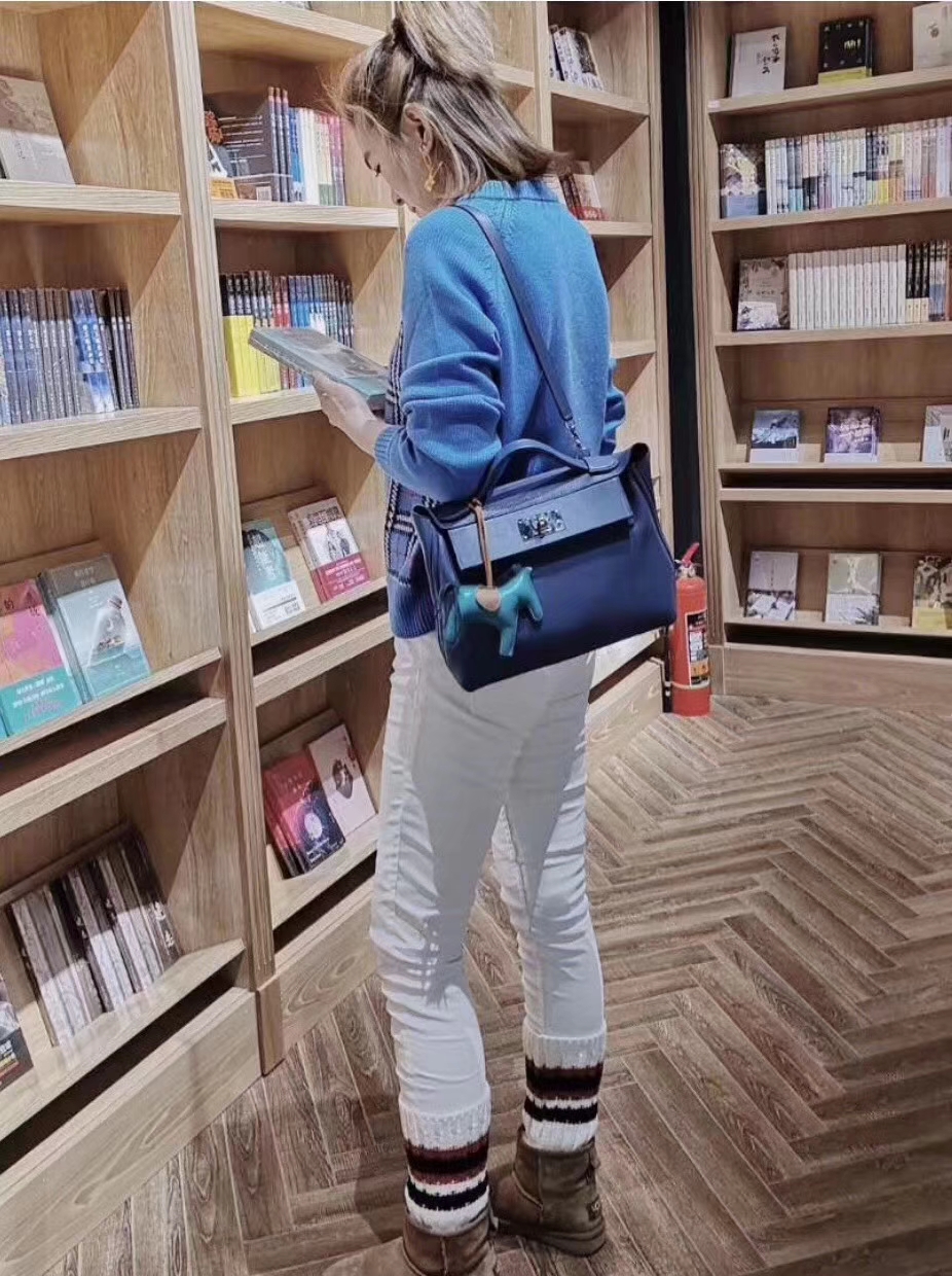 Hermès（爱马仕）Kelly-2424 明蓝色 原厂御用顶级小牛皮拼Swift皮 togo 银扣 29cm
