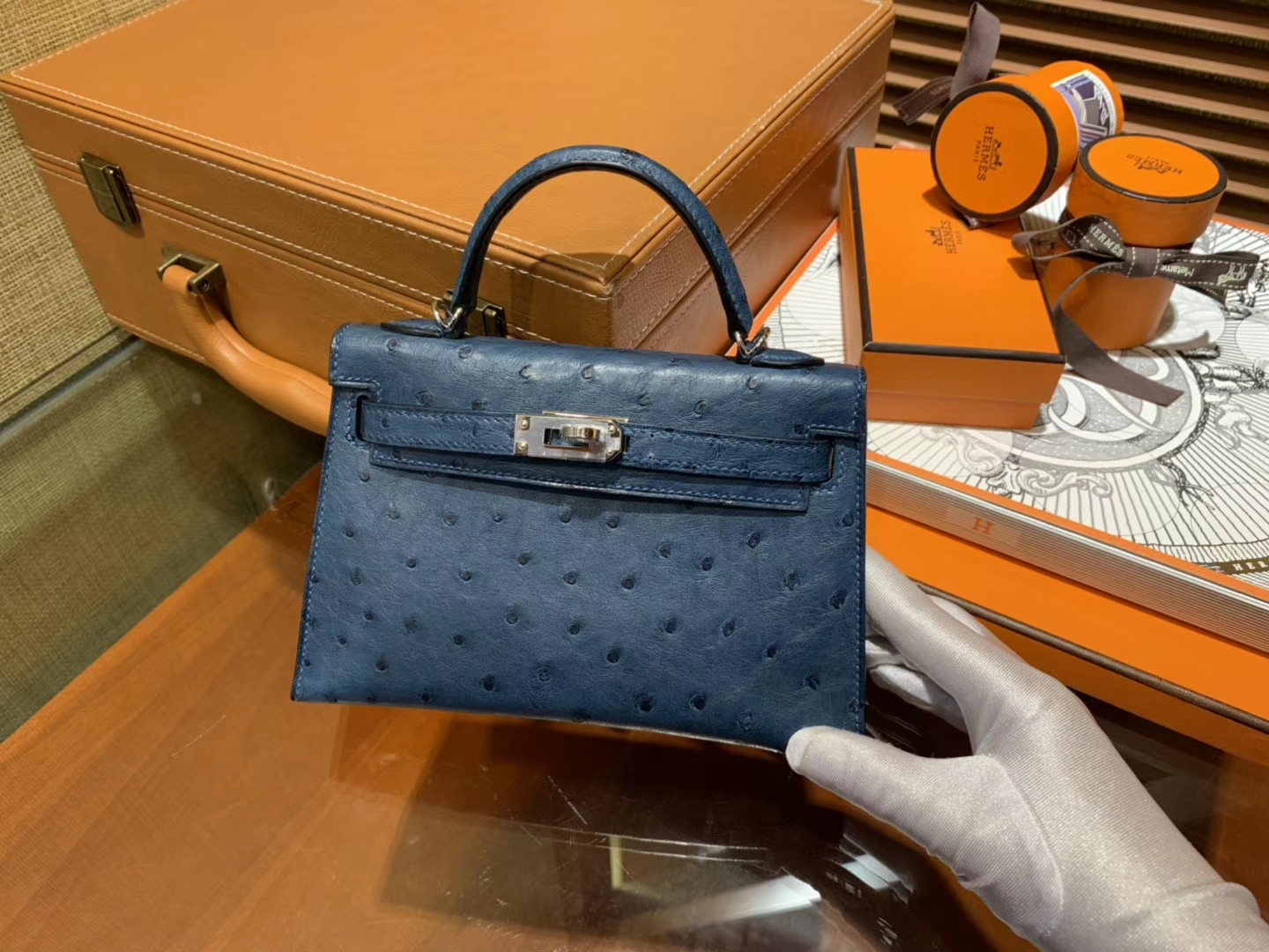 Hermès（爱马仕）迷你2代 mini Kelly 藏青色 南非KK鸵鸟 全手工缝制 19cm