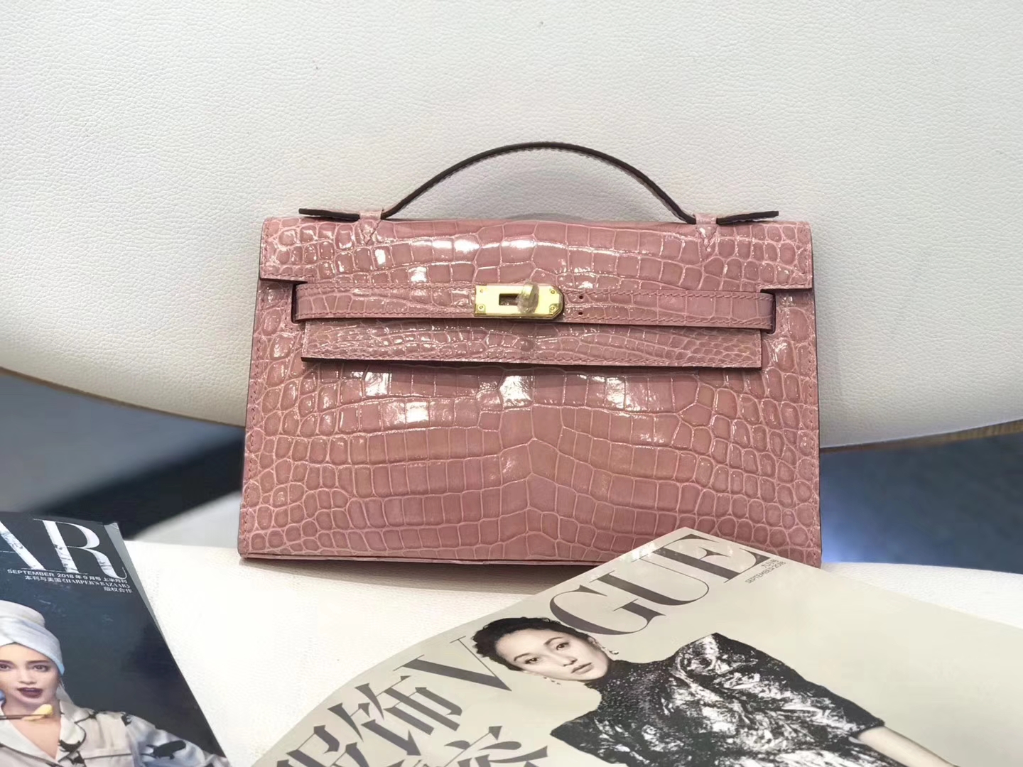 Hermès（爱马仕）MiniKelly迷你凯莉 藕粉色 尼罗鳄 美洲鳄 全手工缝制 1代 金扣 22cm