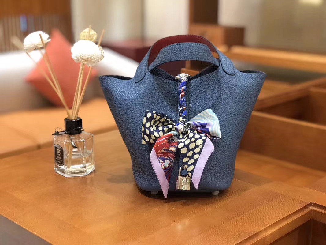 Hermès（爱马仕）Picotin 菜篮包 TC玛瑙蓝内拼swift红 银扣 18cm