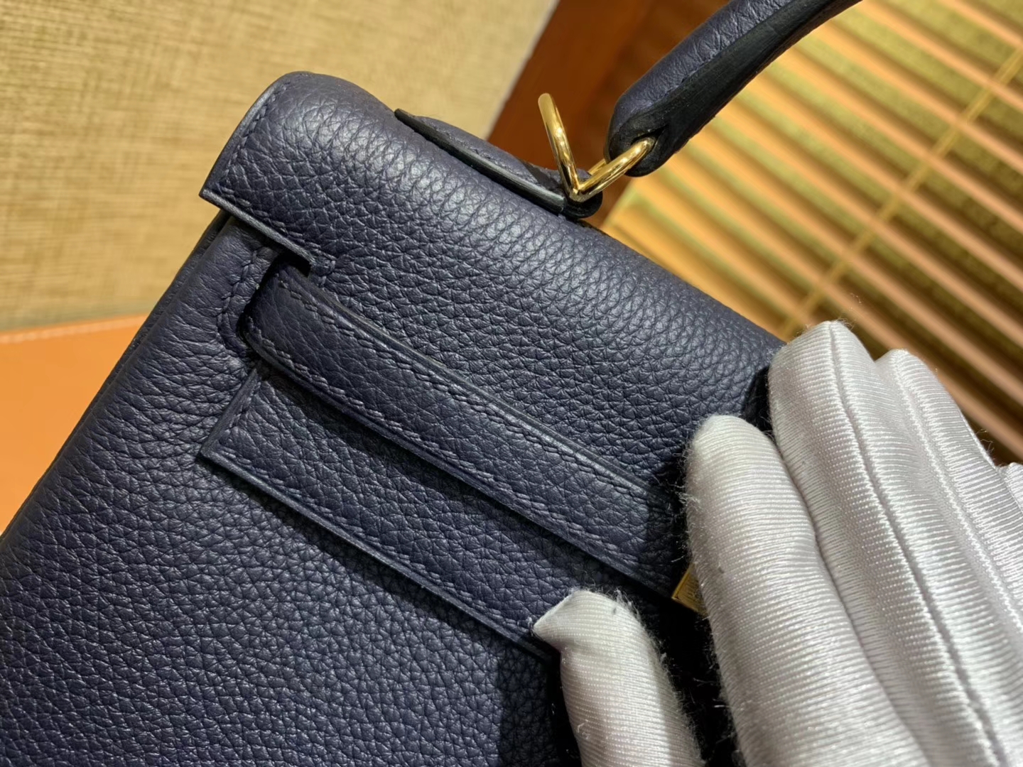 Hermès（爱马仕）Kelly 凯莉包 午夜蓝 德国进口 togo牛皮 手缝蜡线 金扣 25cm