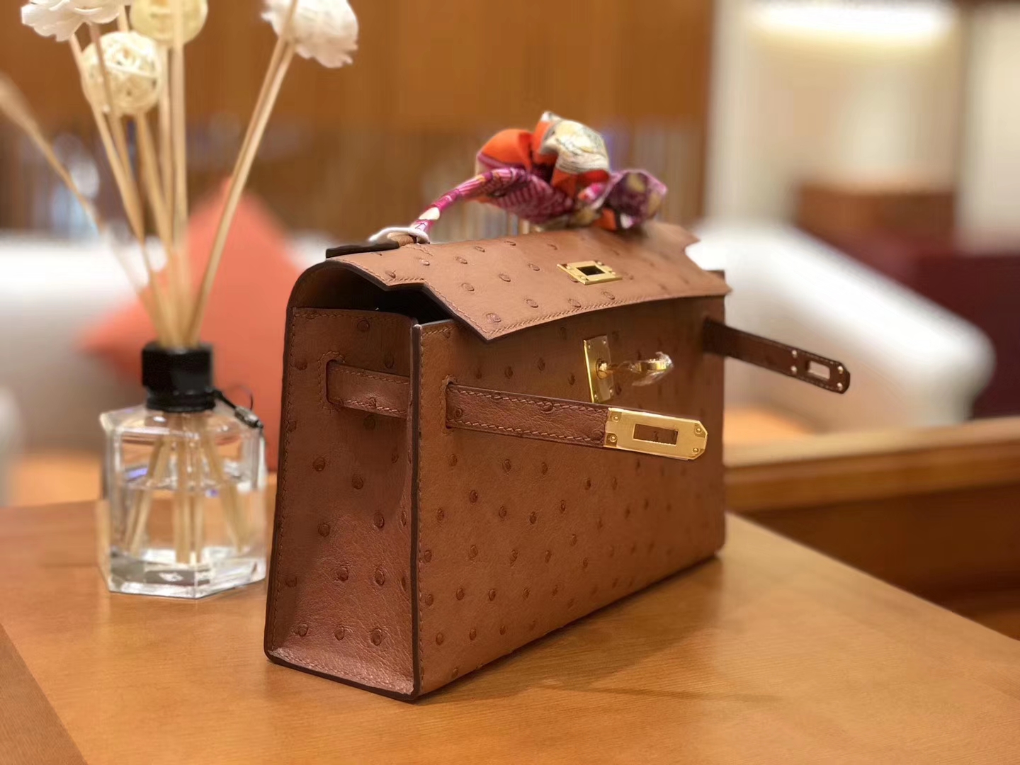 Hermès（爱马仕）miniKelly 迷你凯莉 焦糖棕 南非kk级鸵鸟皮 金扣 22cm