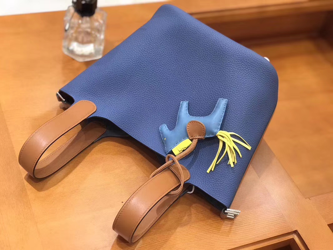 Hermès（爱马仕）Picotin 菜篮包 Swift金棕拼TC大牛 玛瑙蓝 银扣 18cm