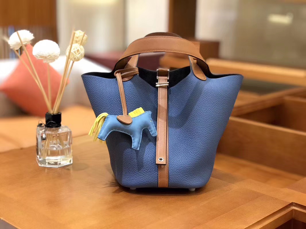 Hermès（爱马仕）Picotin 菜篮包 Swift金棕拼TC大牛 玛瑙蓝 银扣 18cm
