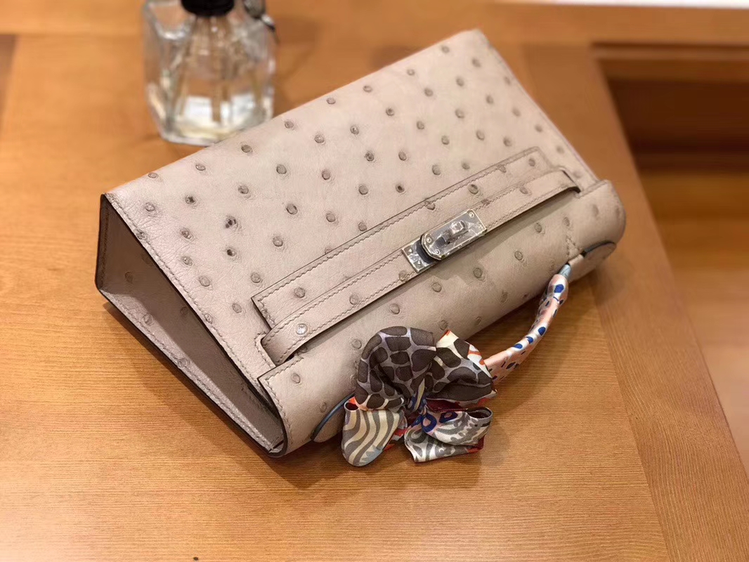 Hermès（爱马仕）Mini Kelly迷你凯莉 斑鸠灰 南非kk级鸵鸟皮 臻品级别 1代 银扣 22cm
