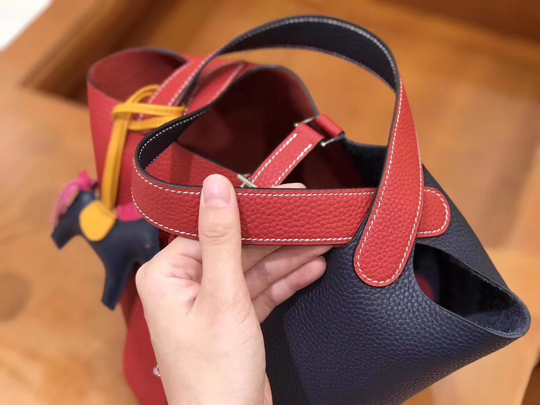 Hermès（爱马仕）Picotin 菜篮包 芍药红拼午夜蓝 TC大牛皮 银扣 18cm