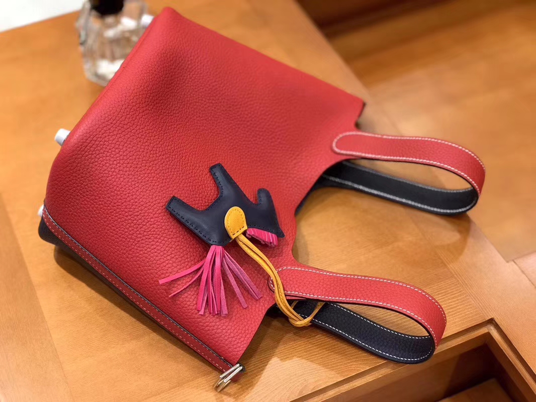 Hermès（爱马仕）Picotin 菜篮包 芍药红拼午夜蓝 TC大牛皮 银扣 18cm