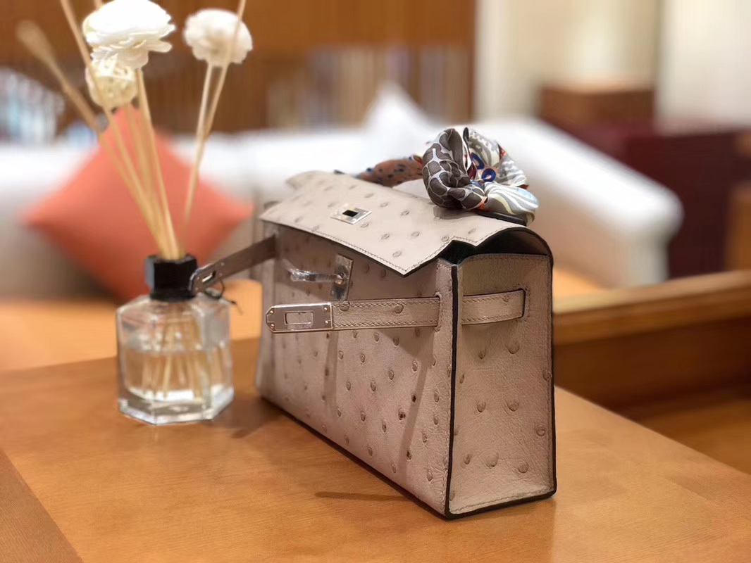 Hermès（爱马仕）Mini Kelly迷你凯莉 斑鸠灰 南非kk级鸵鸟皮 臻品级别 1代 银扣 22cm