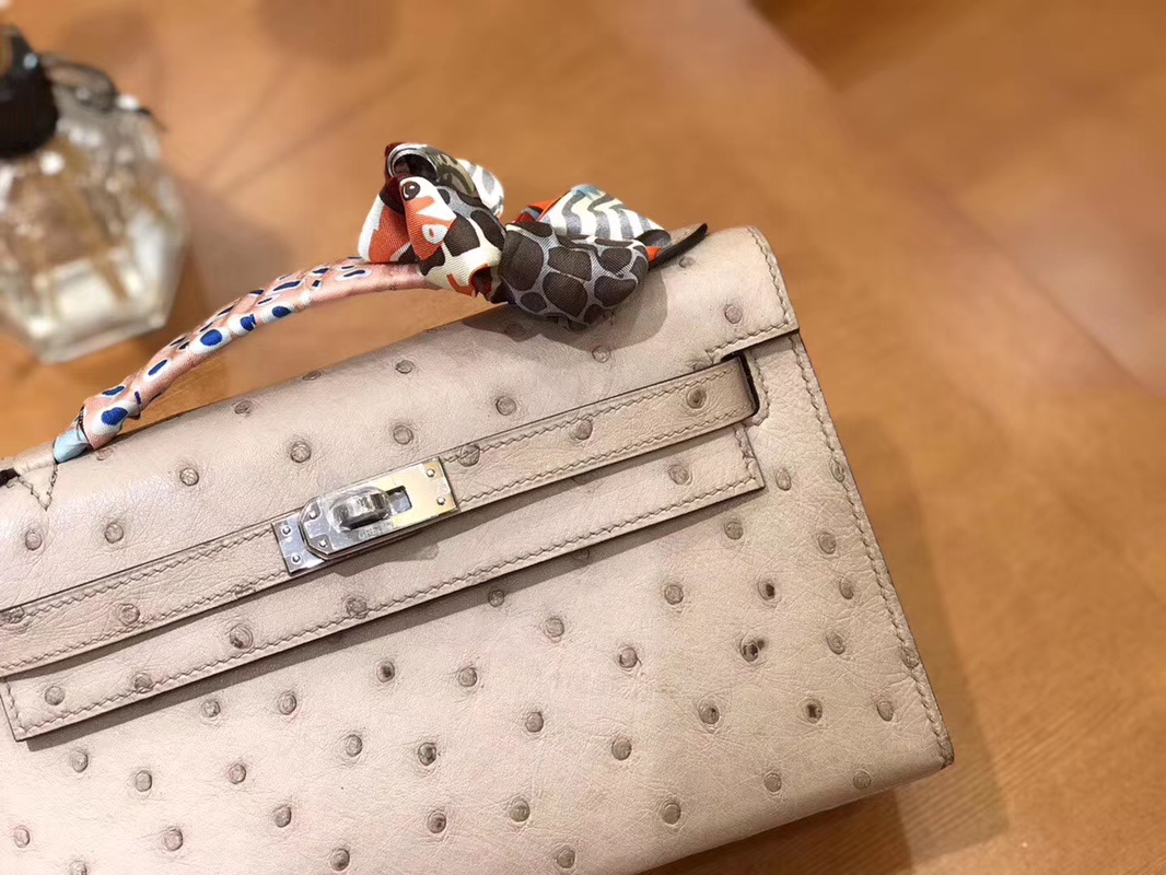 Hermès（爱马仕）Mini Kelly迷你凯莉 斑鸠灰 南非kk级鸵鸟皮 臻品级别 1代 银扣 22cm