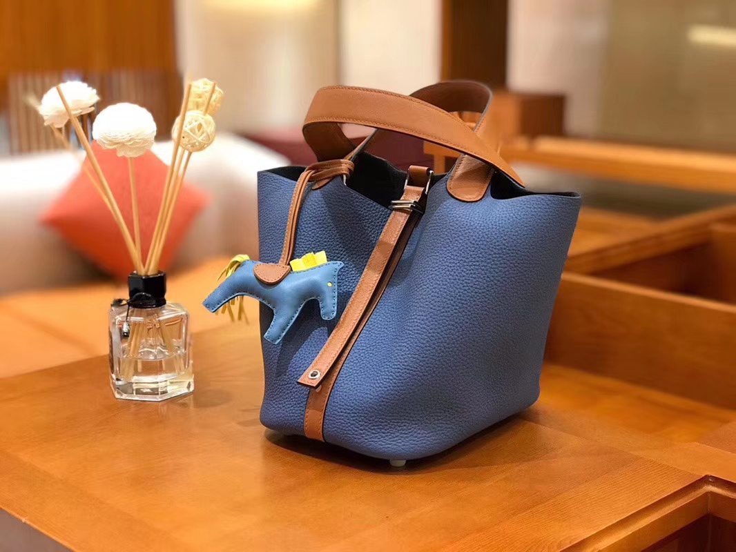 Hermès（爱马仕）Picotin 菜篮包 Swift金棕拼TC大牛 玛瑙蓝 银扣 18cm