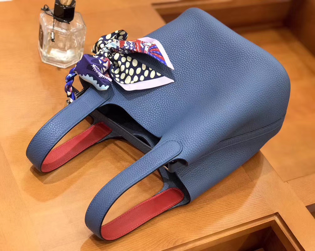 Hermès（爱马仕）Picotin 菜篮包 TC玛瑙蓝内拼swift红 银扣 18cm