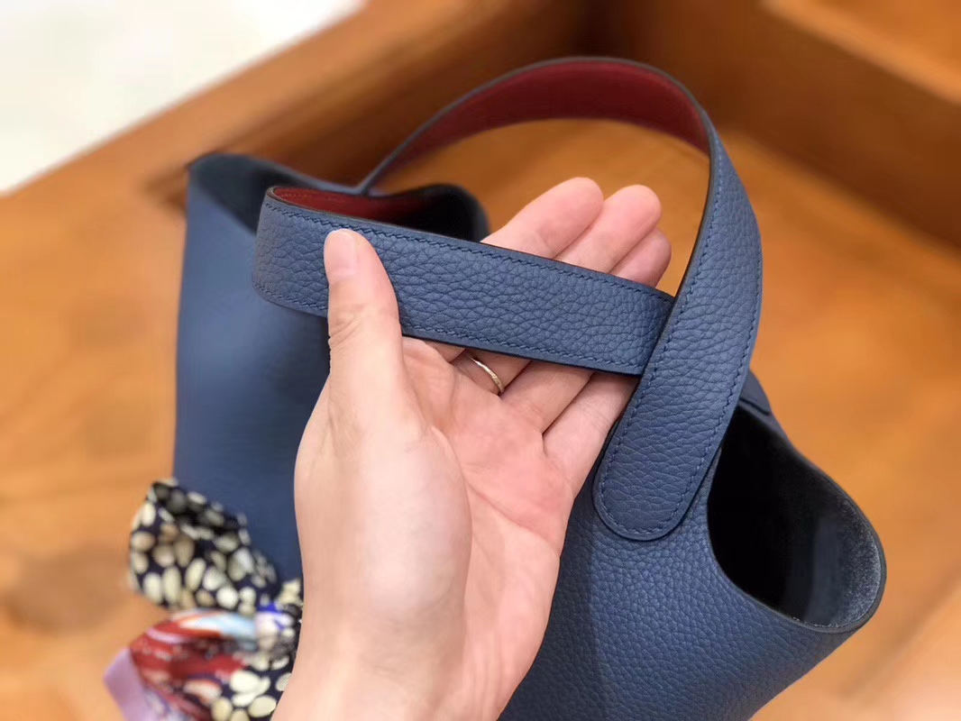 Hermès（爱马仕）Picotin 菜篮包 TC玛瑙蓝内拼swift红 银扣 18cm