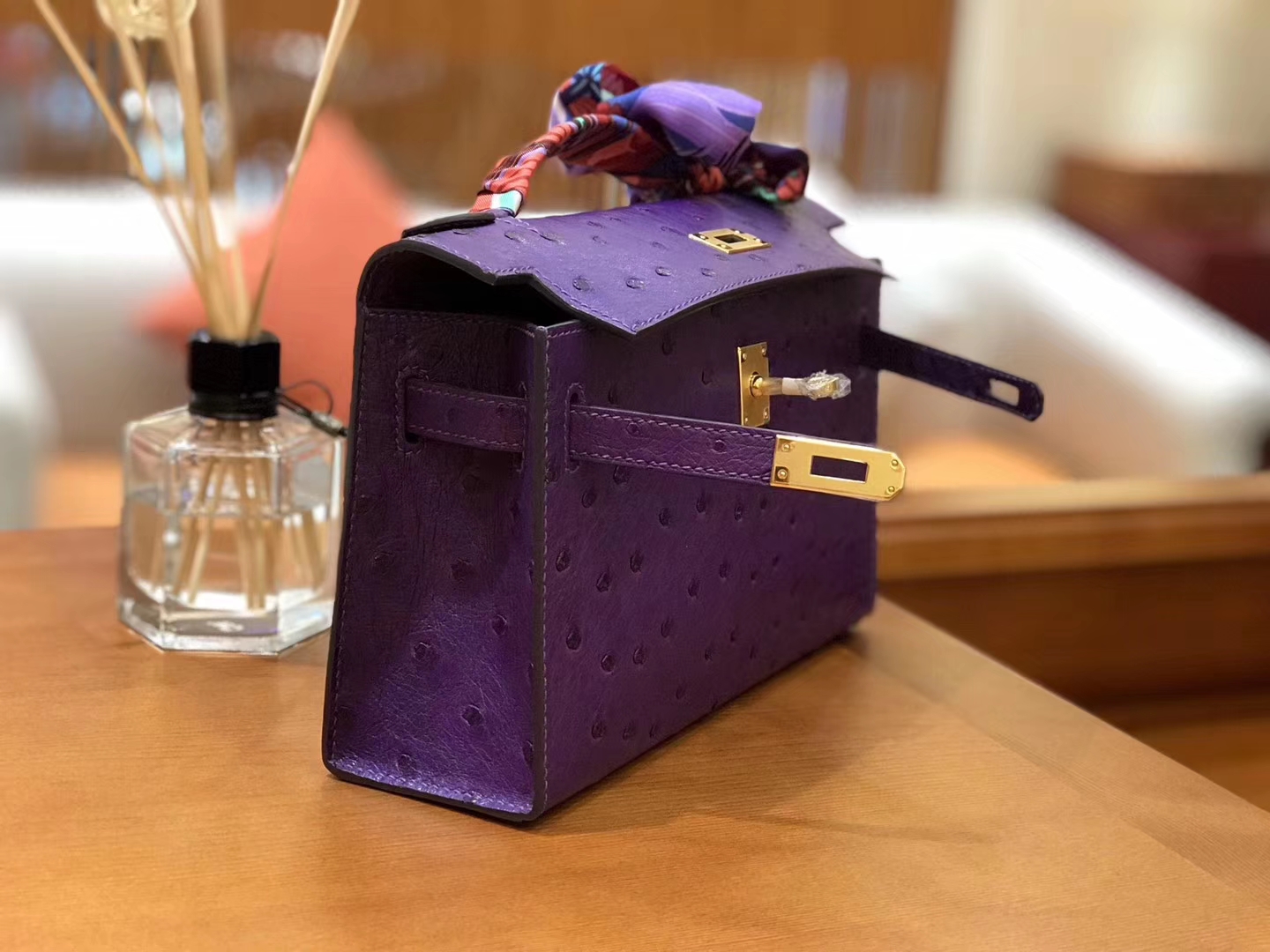 Hermès（爱马仕）miniKelly 迷你凯莉 梦幻紫 南非kk级鸵鸟皮 金扣 22cm