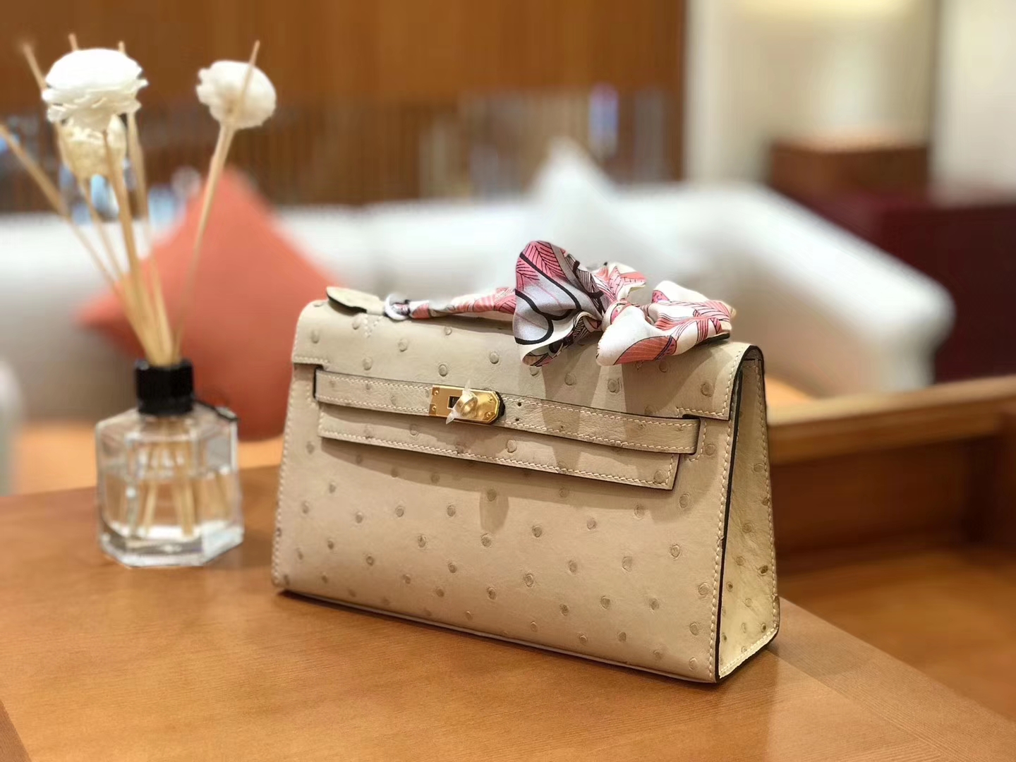 Hermès（爱马仕）miniKelly 迷你凯莉 羊毛白 杏色 南非kk级鸵鸟皮 金扣 22cm