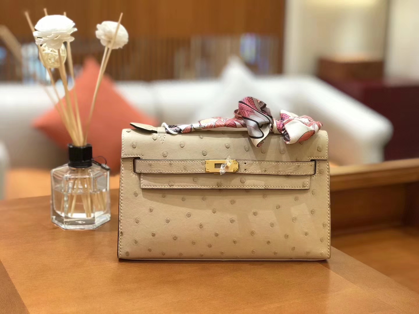 Hermès（爱马仕）miniKelly 迷你凯莉 羊毛白 杏色 南非kk级鸵鸟皮 金扣 22cm